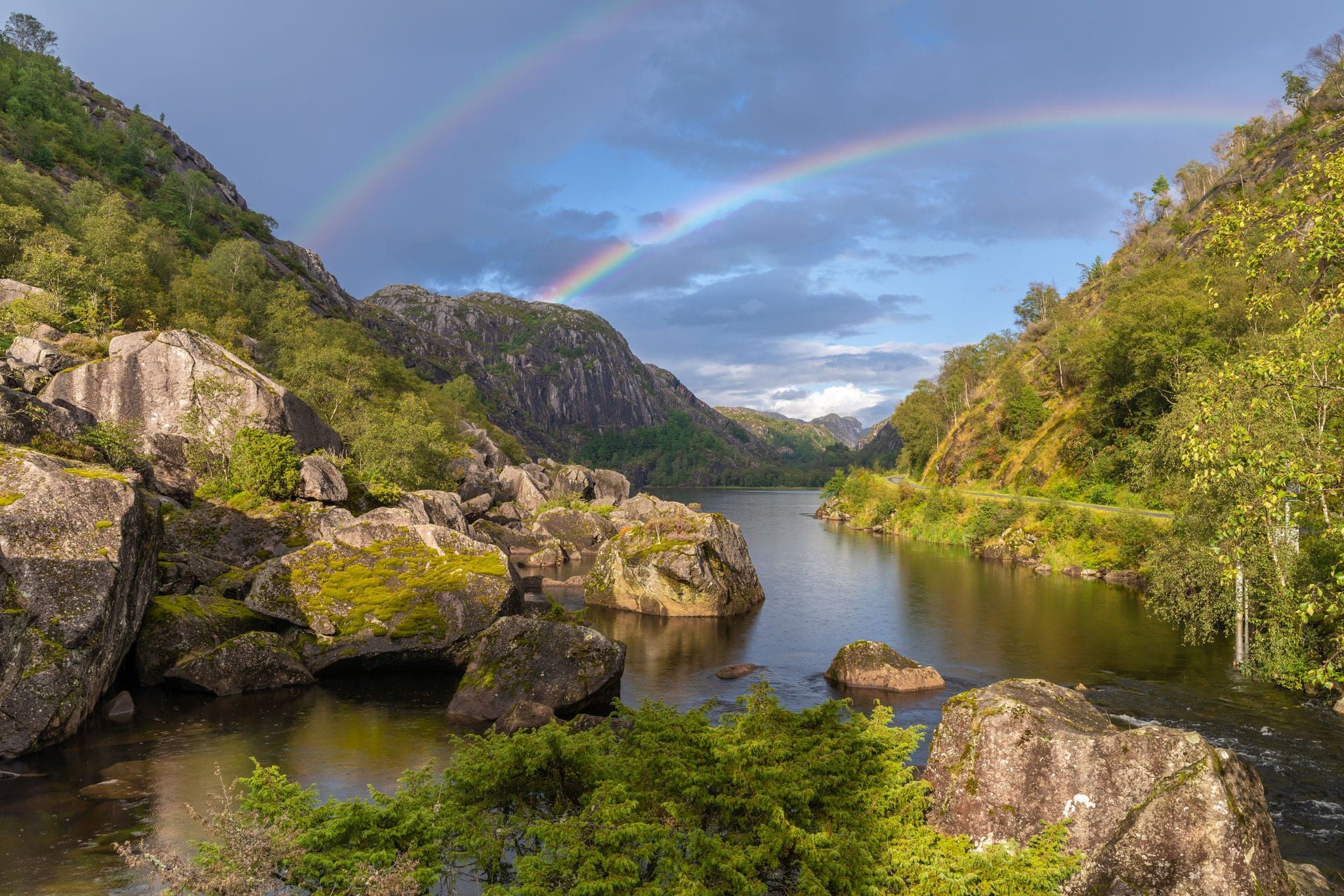 A beautiful double rainbow on the backroads of southern Norway, near Kristiansand