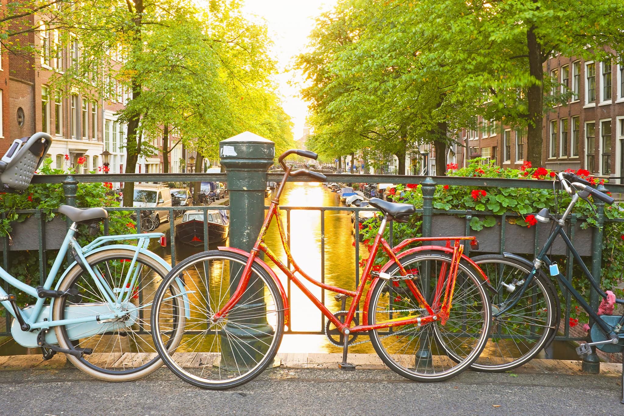 Bikes on the bridge in Amsterdam Netherlands