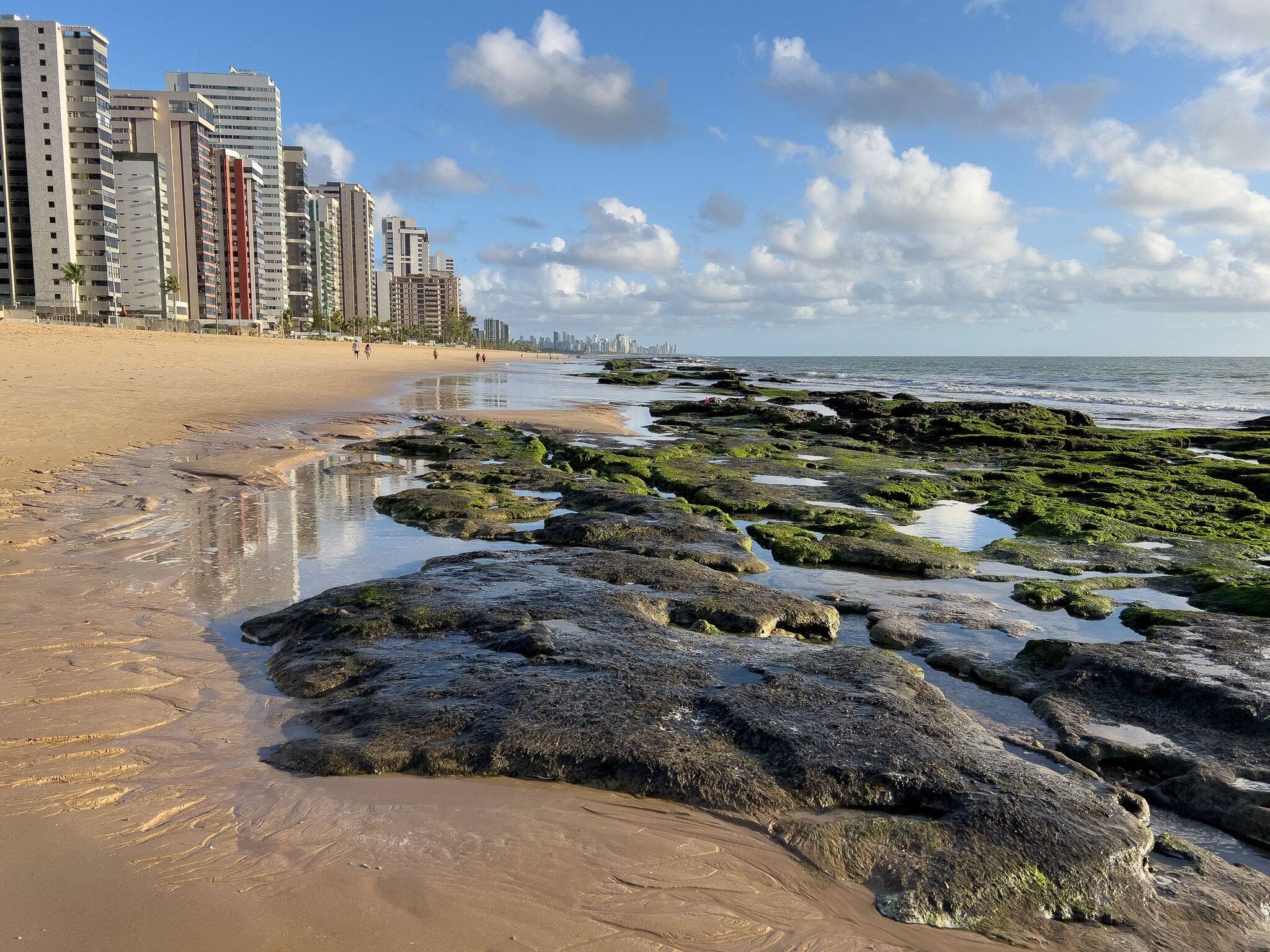Reefs of Recife, Brazil at low Tide. This is where Recife got its name. At the Beach early in the Morning. The Reefs form natural swimming pools in the Sea.