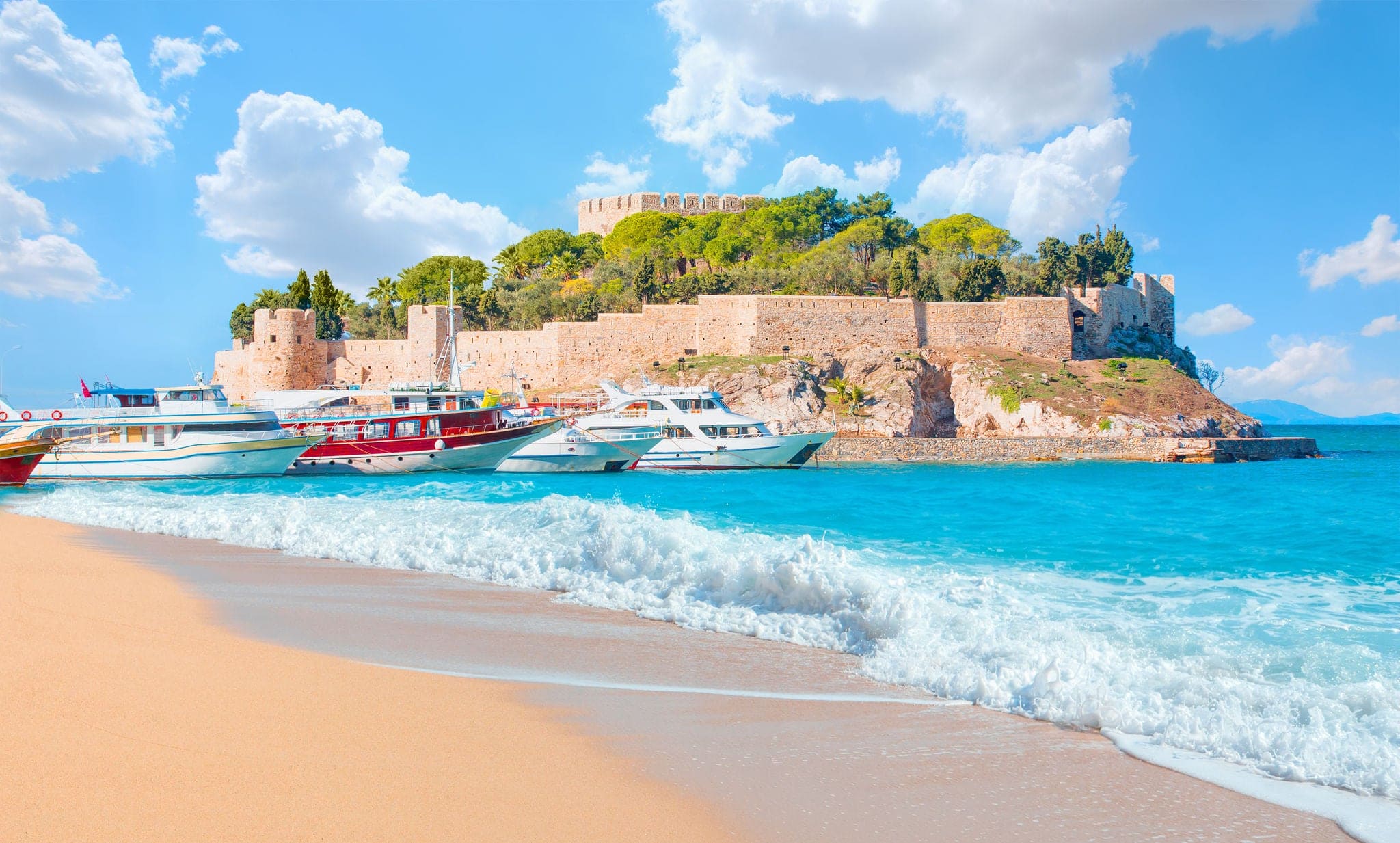 Pigeon Island with "Pirate castle". Kusadasi harbor, Aegean coast of Turkey.
