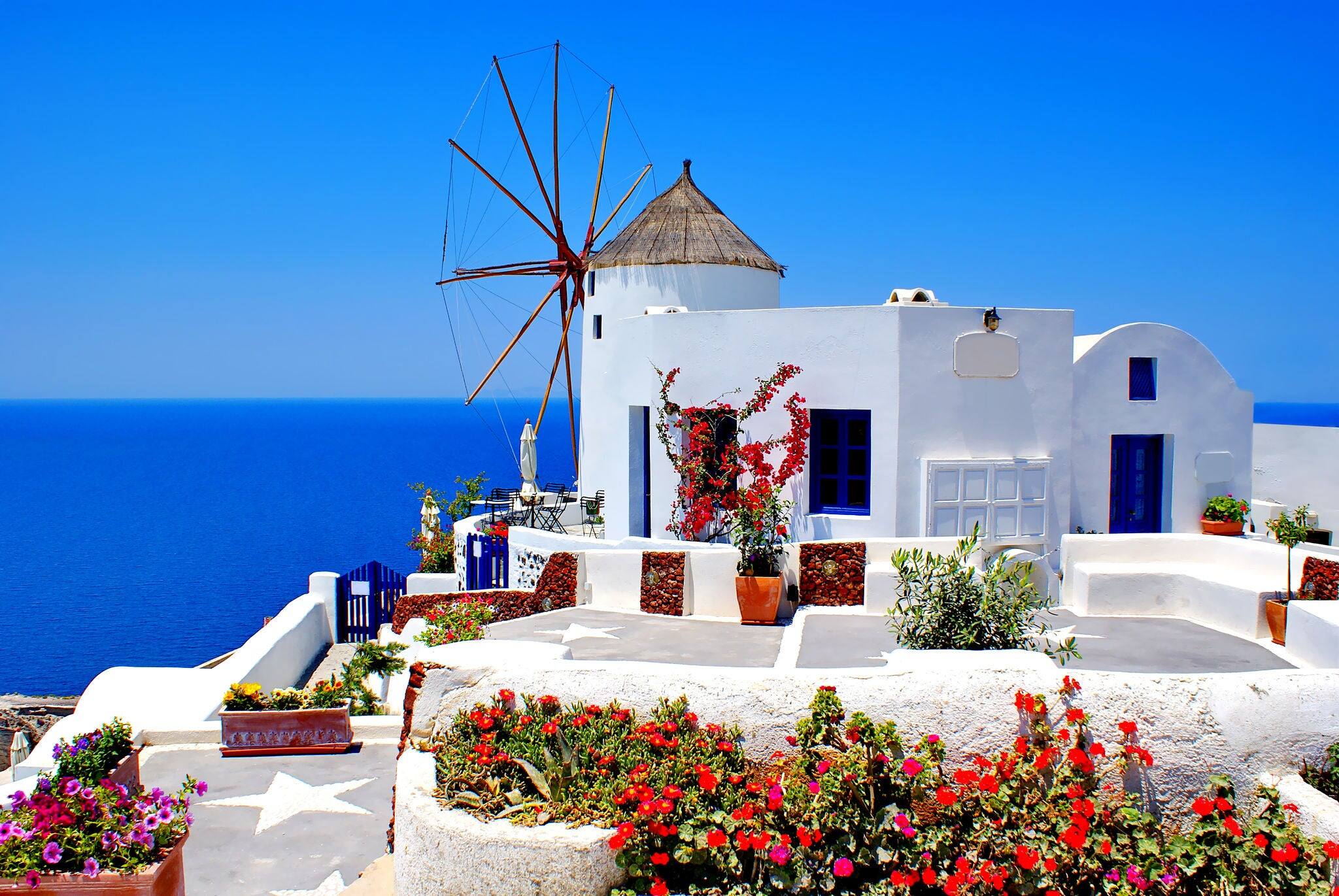 Windmill in Oia village on Santorini island, Greece