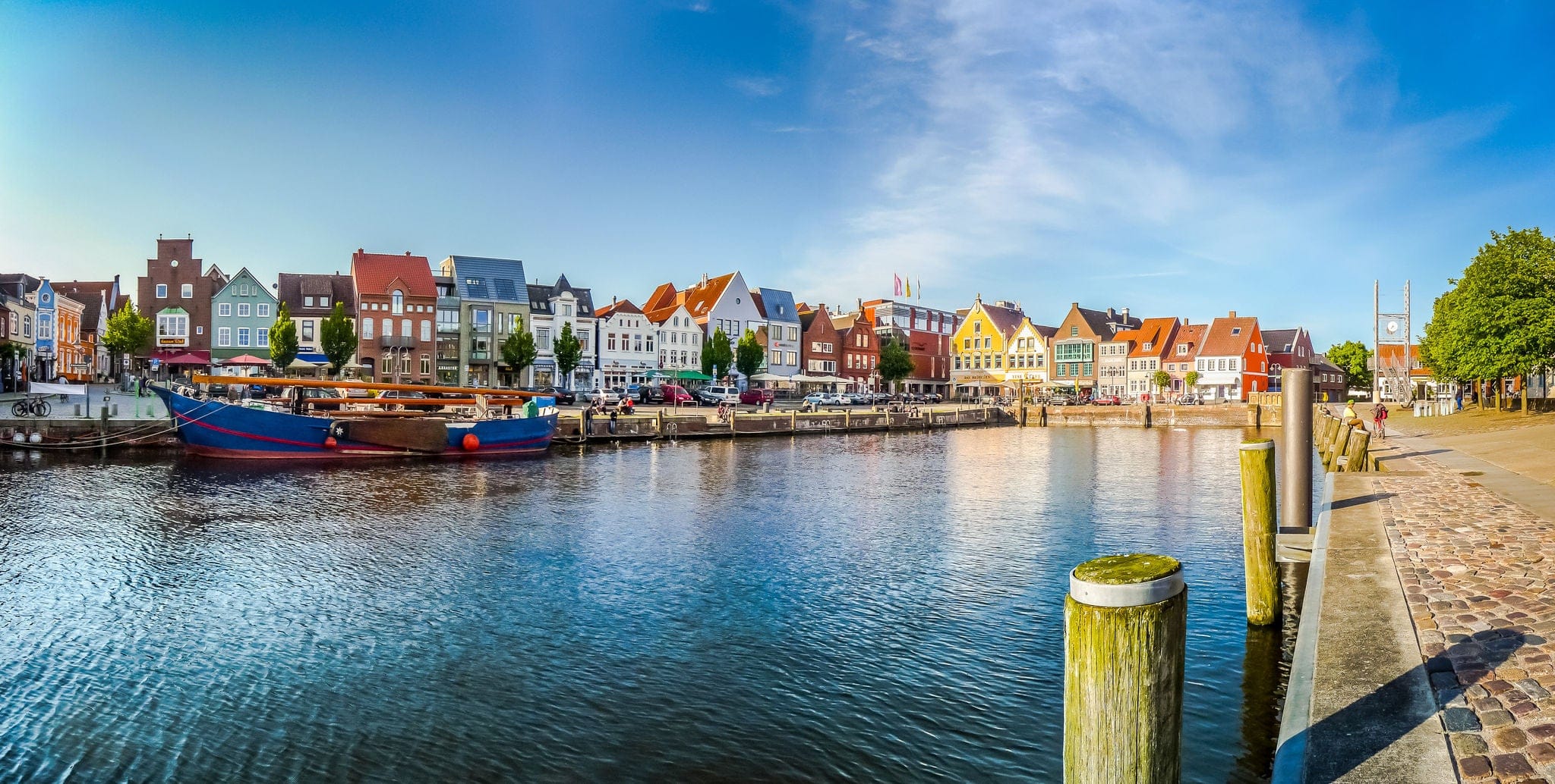 Beautiful view of the old town of Husum, the capital of Nordfriesland and birthplace of German writer Theodor Storm, in Schleswig-Holstein, Germany