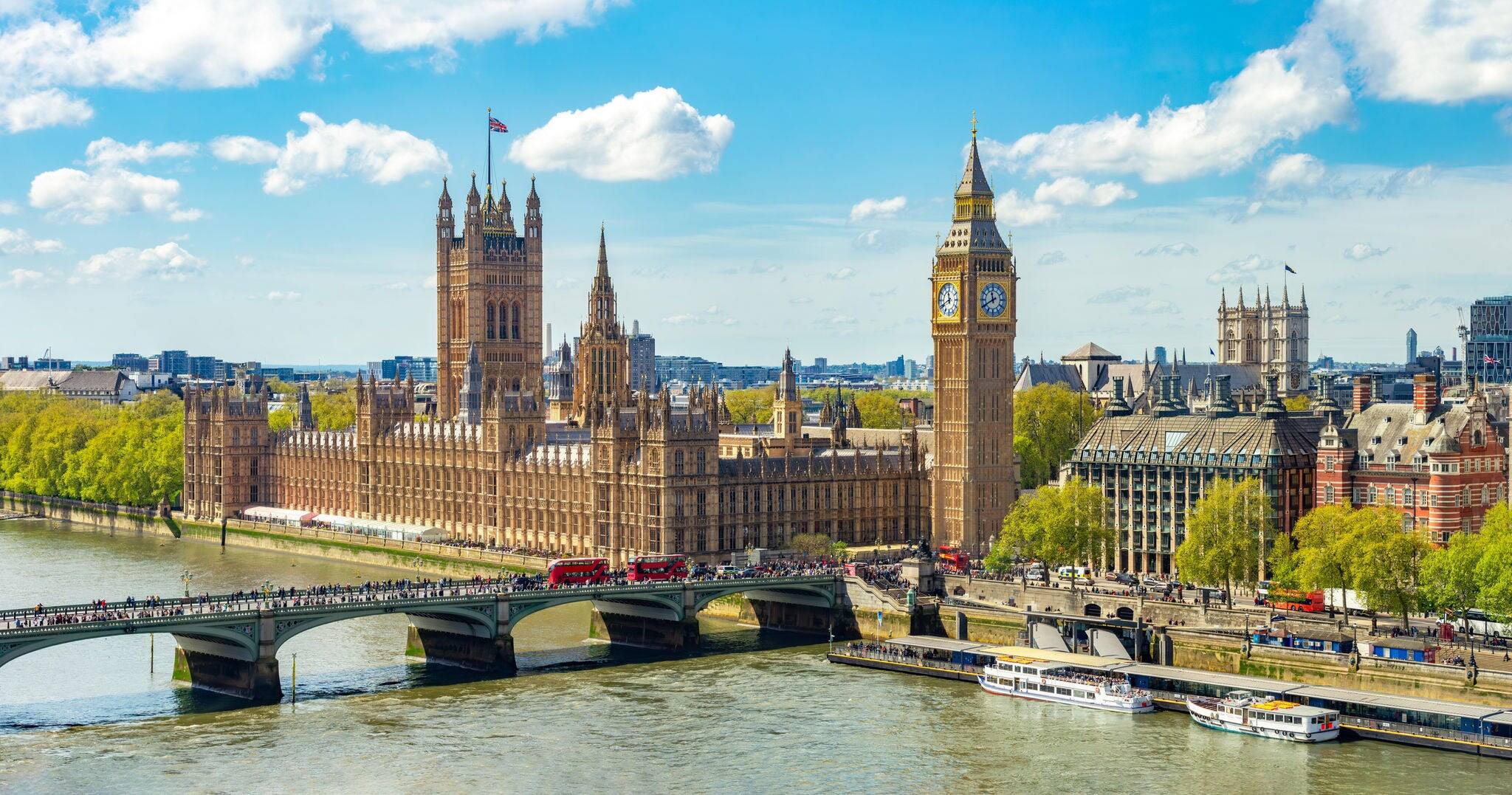 London cityscape with Houses of Parliament and Big Ben tower, UK