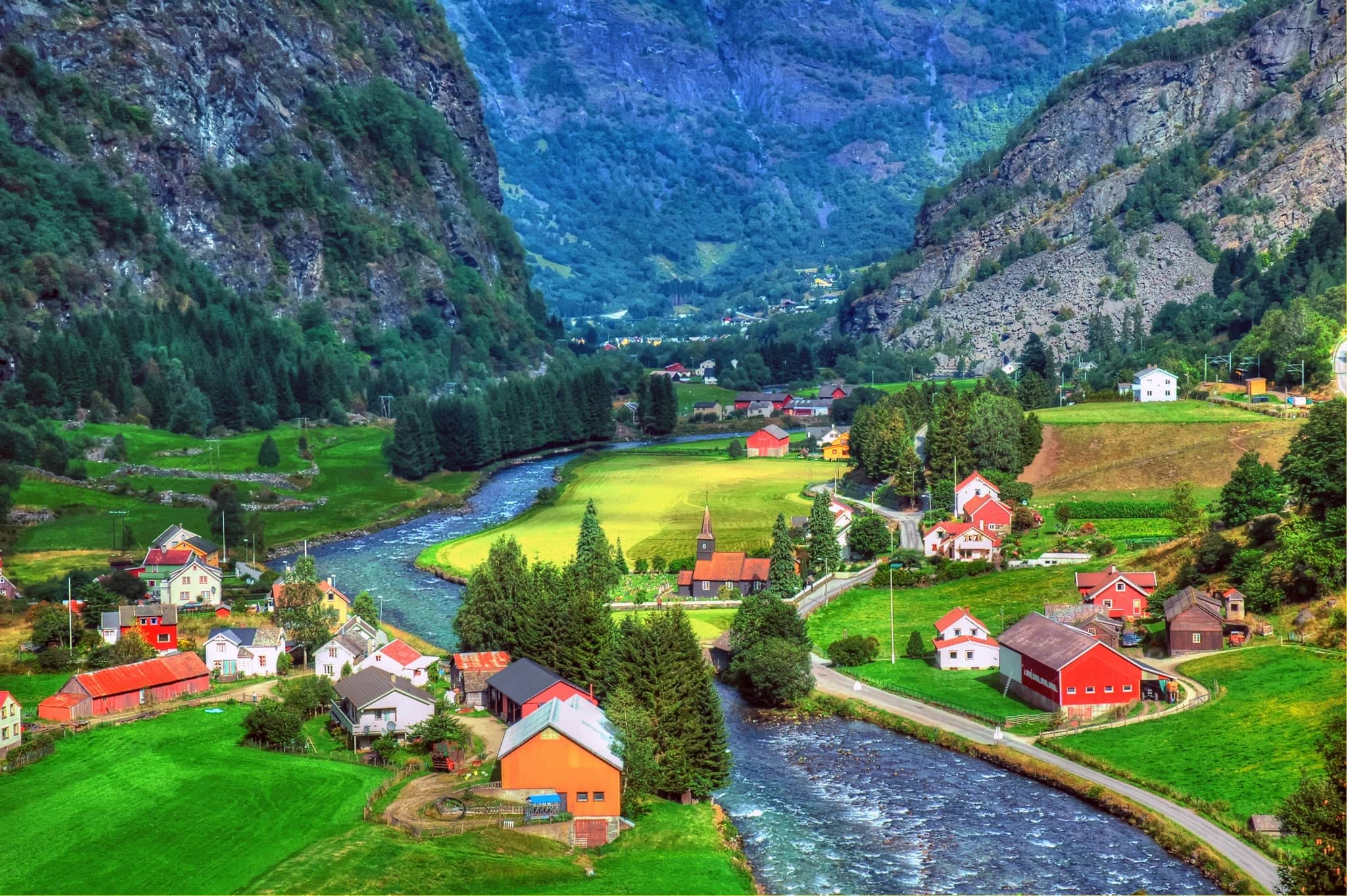 Colorful HDR image of Flam -  A small village in a green background between the fjords in Norway
