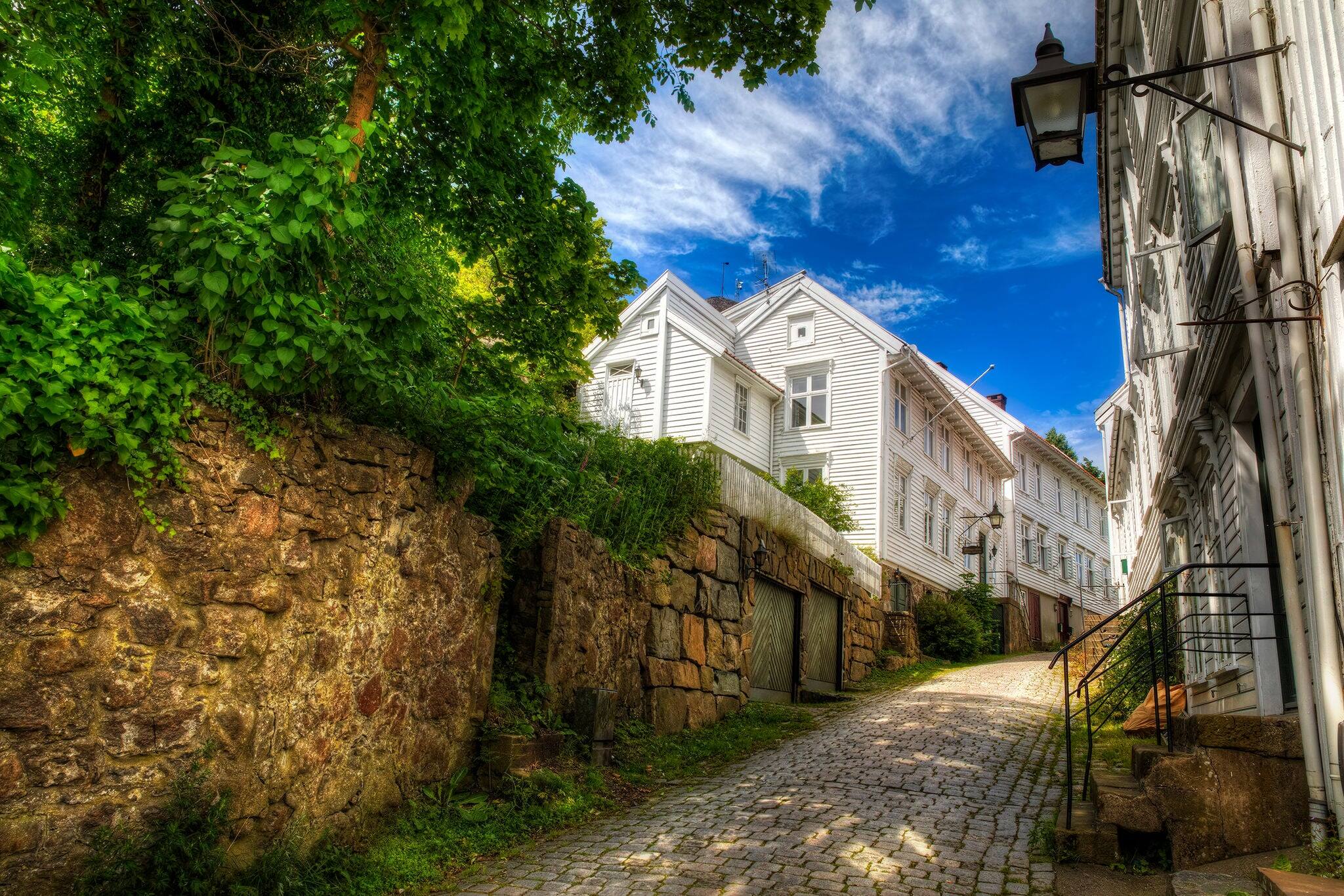 Beautiful cobbled street in the Southern Norwegian town Mandal