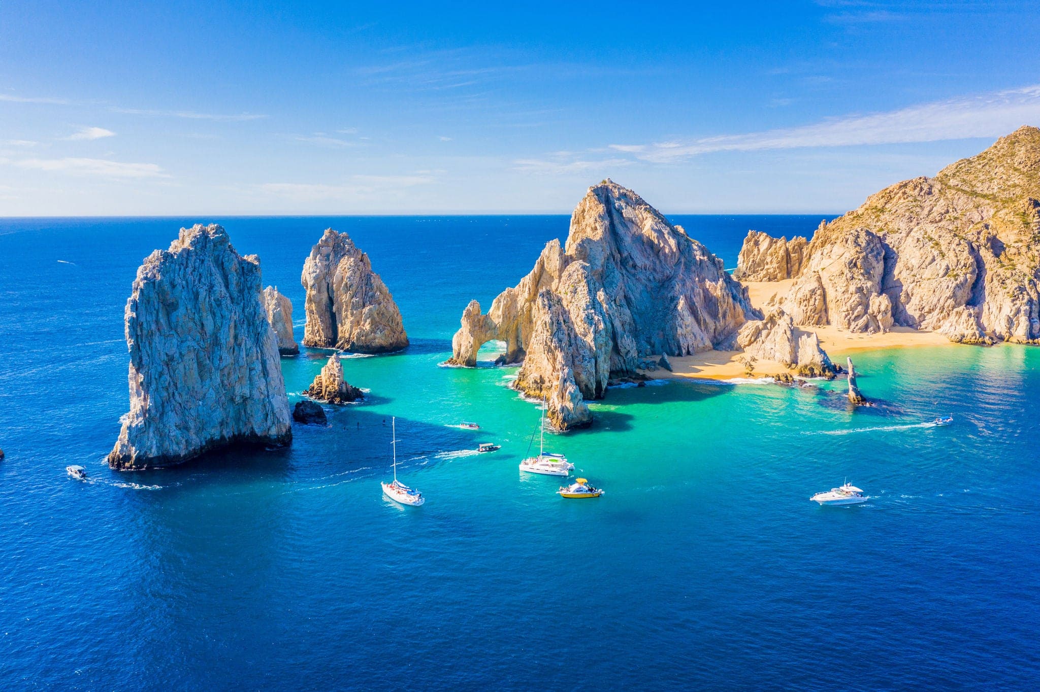 Aerial view of the Arch (El Arco) of Cabo San Lucas, Mexico, at the southernmost tip of the Baja California peninsula