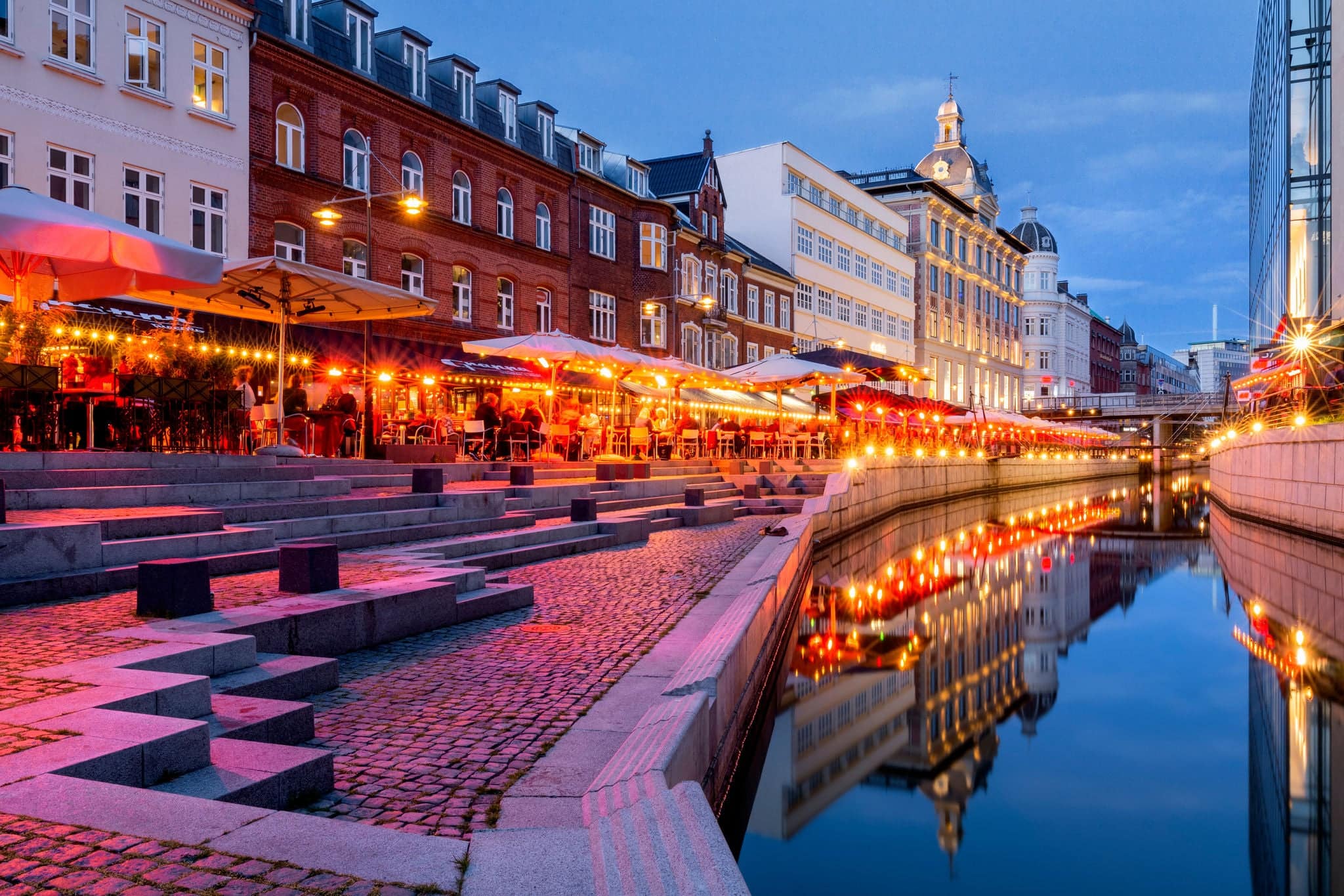 Evening lights in the Åboulevarden in Aarhus, Denmark.