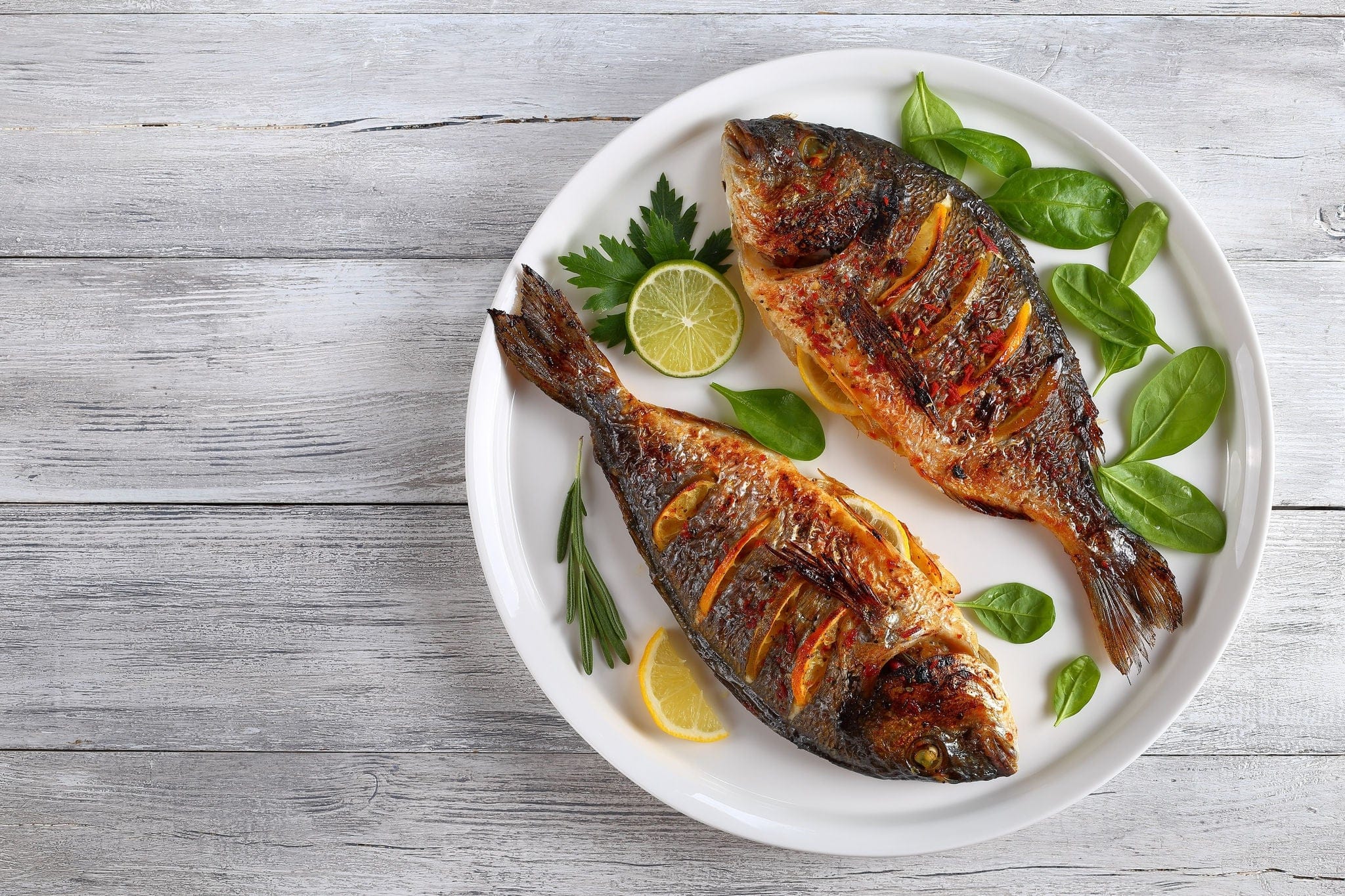 delicious grilled dorado or sea bream fish with lemon and orange slices, spices, fresh parsley and spinach on white platter on old wooden table, horizontal view from above