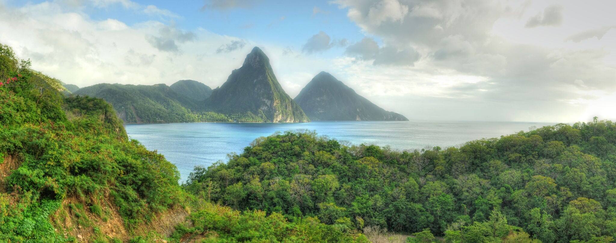 Panorama of Pitons and seashore at Saint Lucia, Caribbean