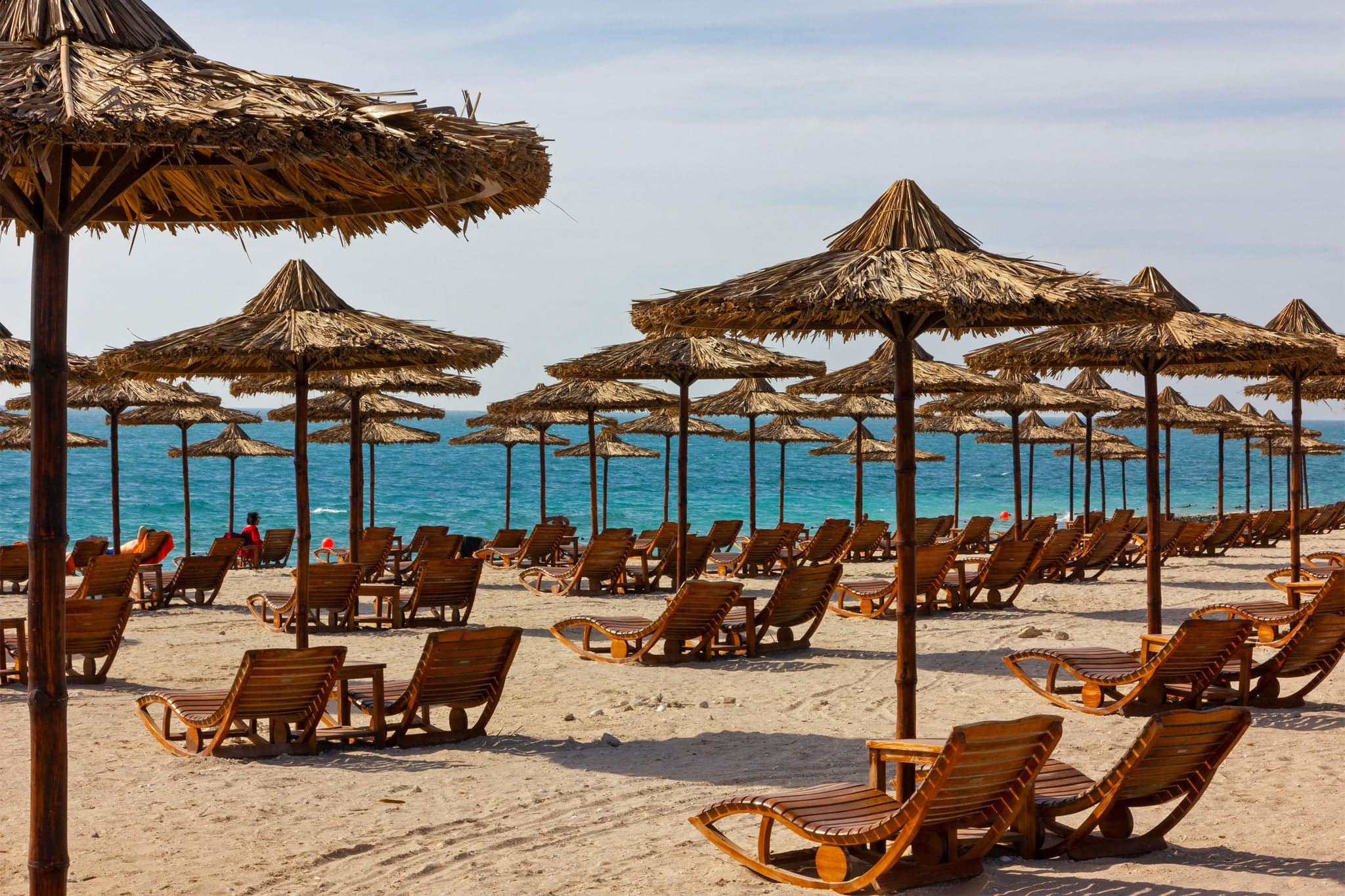 Abu Dhabi, Sir Bani Yas island beach umbrellas, UAE