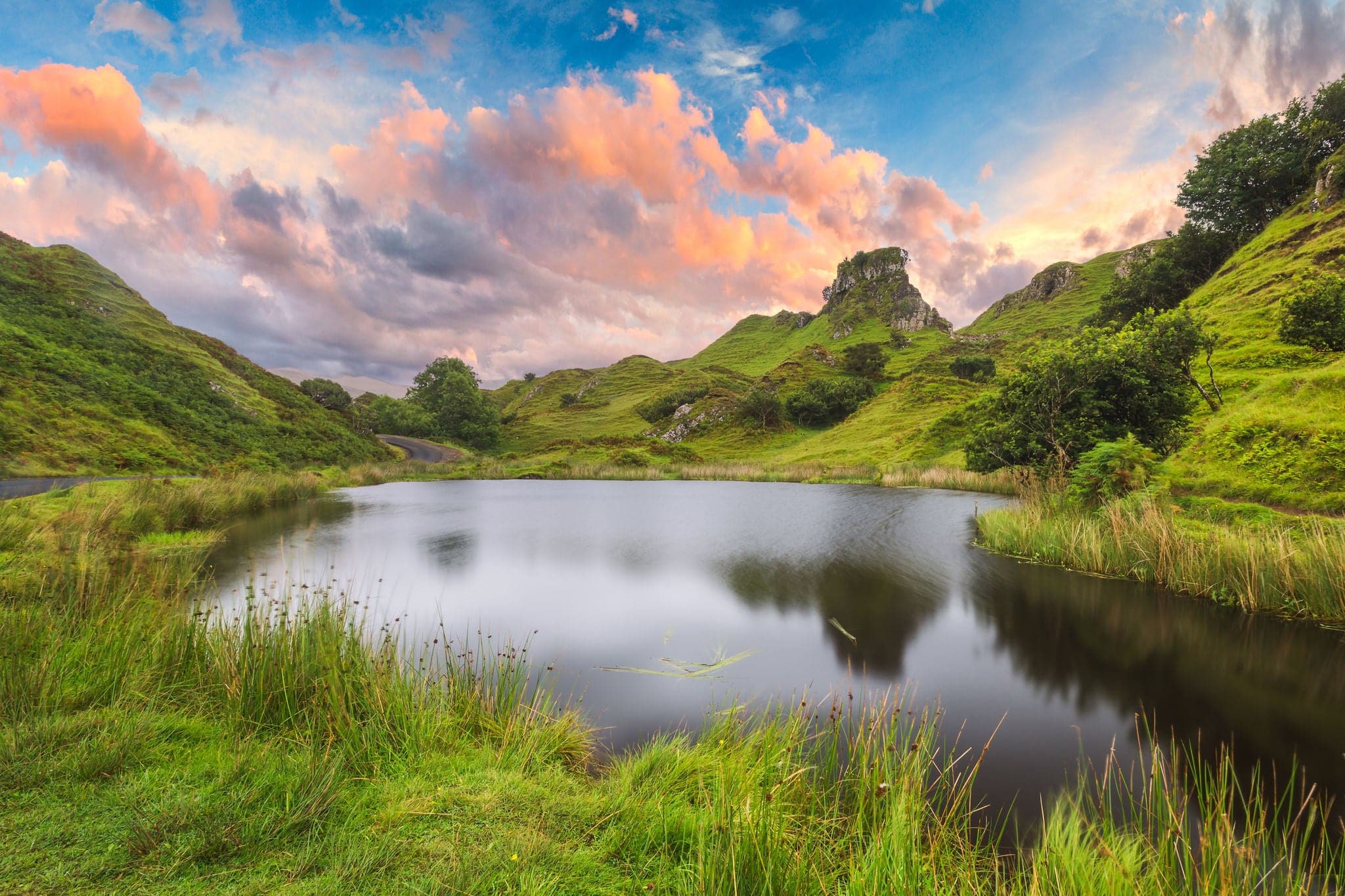 Fairy Glen hills formation with circular, spiral like pattern, Uig, Portree, Scotland, UK