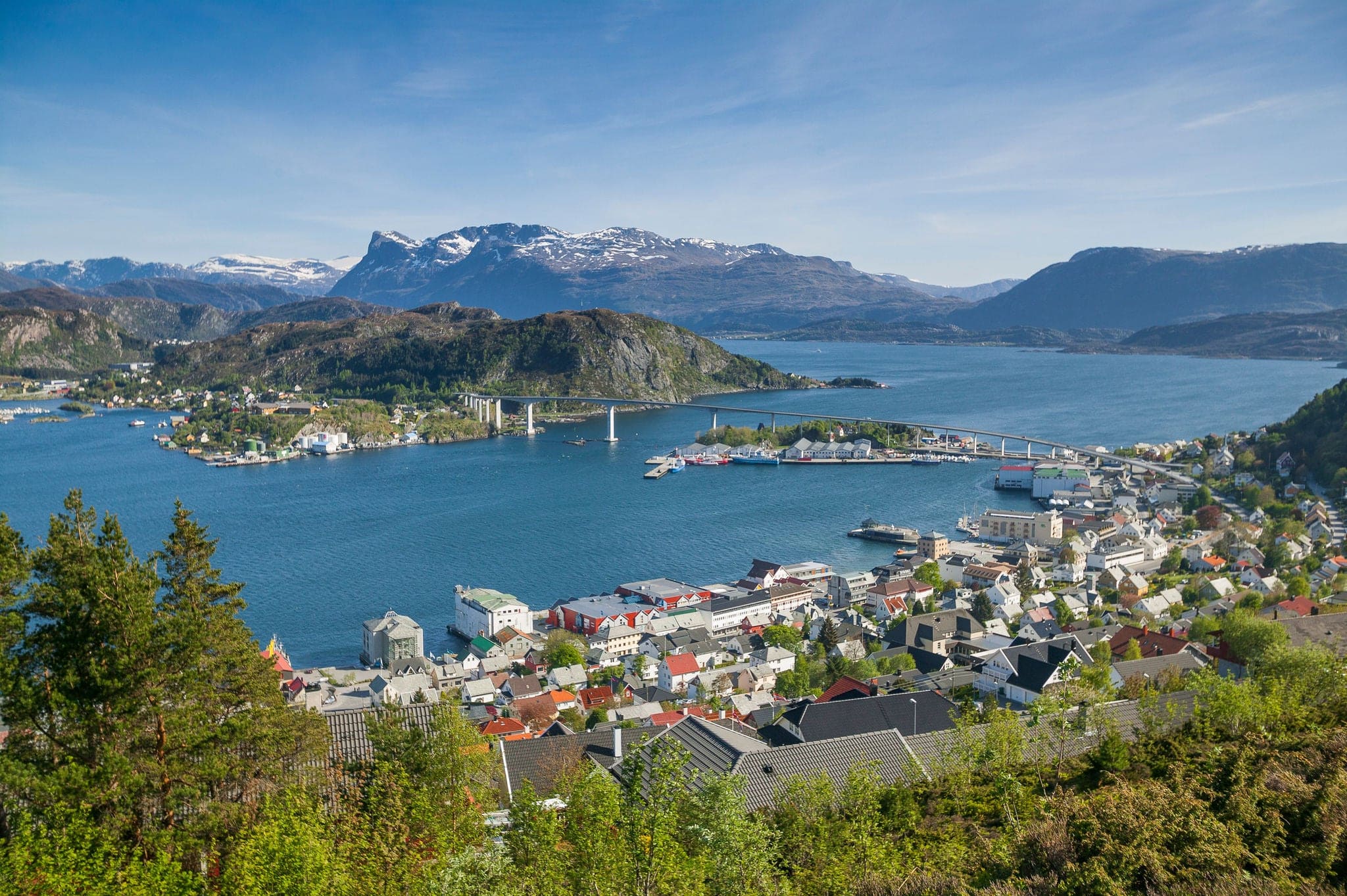 aerial landscape view on city of Måløy, port to stattlandet, the norwegian west cape, Norway
