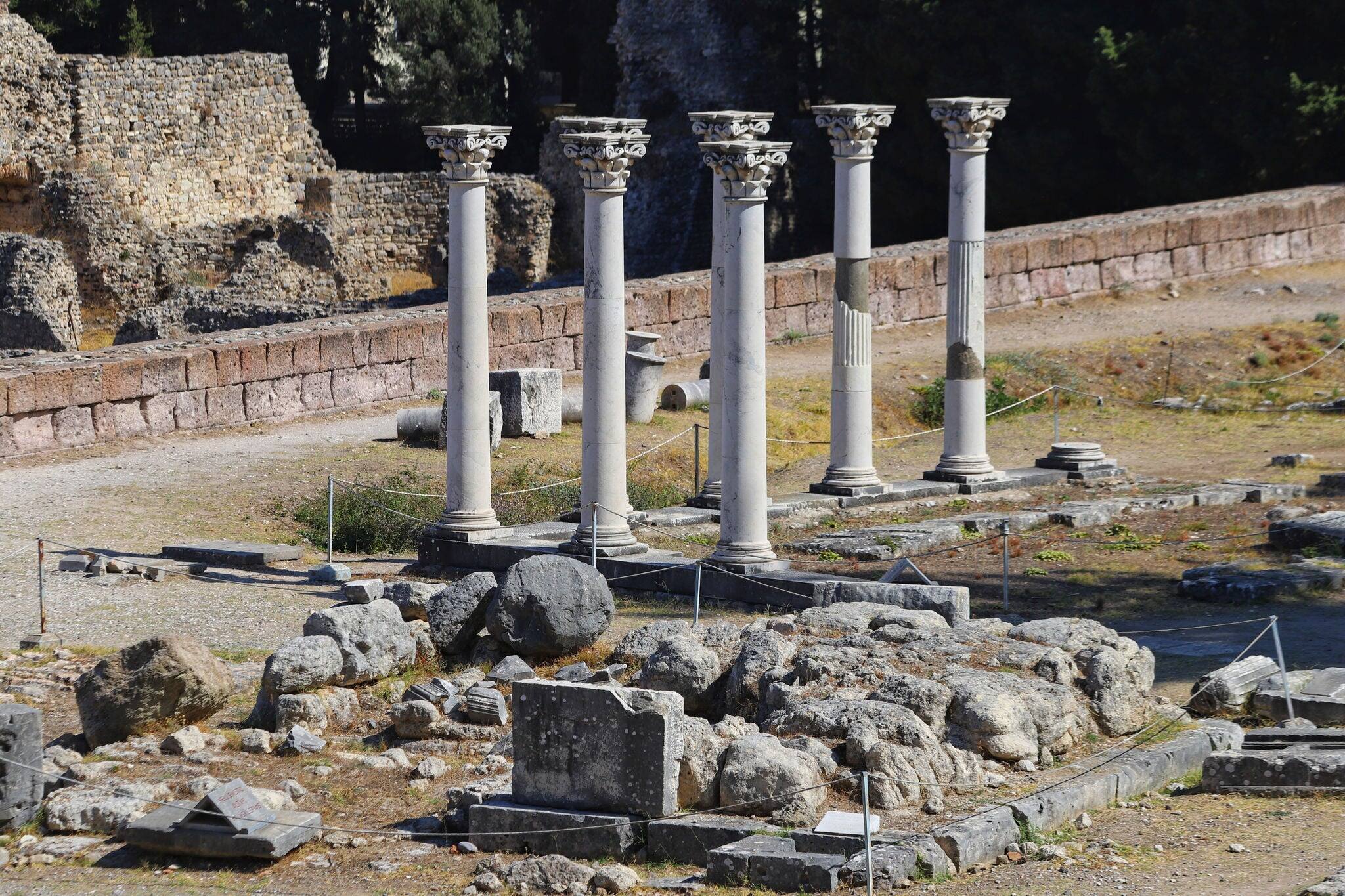 Seven columns in the archaeological site of the Asklepion. Kos, Greece.