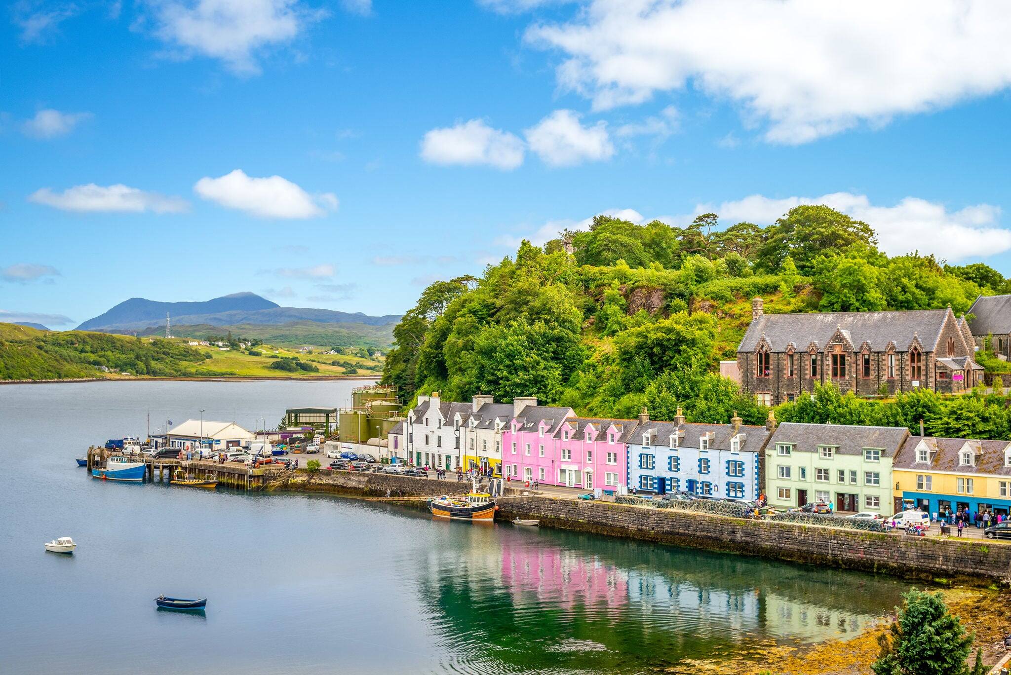 landscape of the Portree harbor in scotland, uk