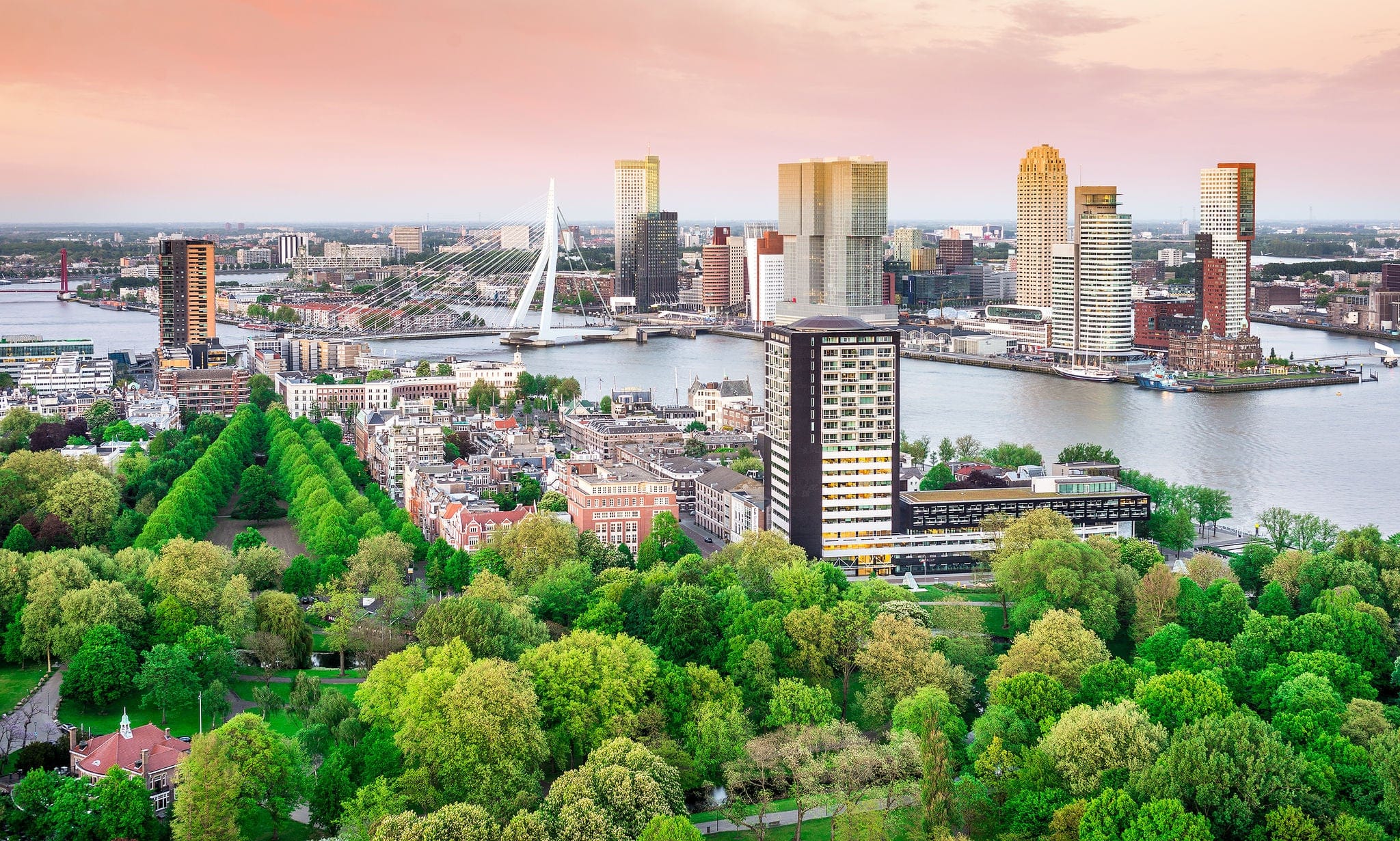 Rotterdam skyline with Erasmus bridge at sunset as seen from the Euromast tower, The Netherlands