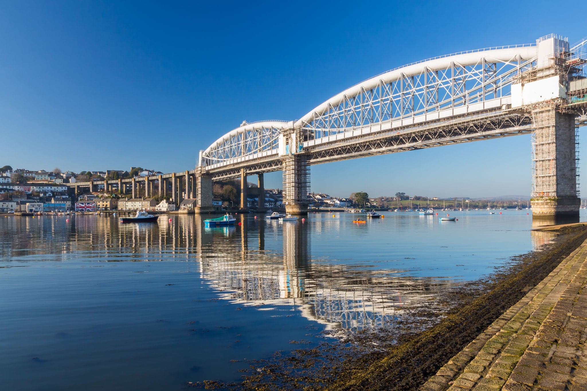 Royal Albert Bridge designed by Isambard Kingdom Brunel as seen from Saltash Passage Plymouth Devon England UK Europe