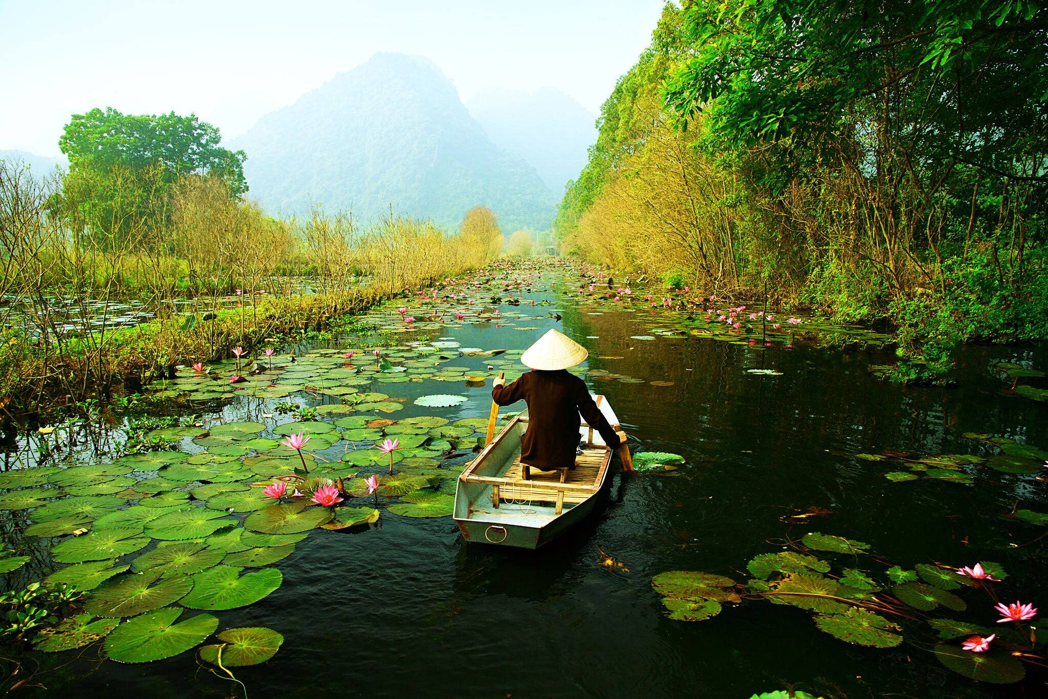 Yen stream on the way to Huong pagoda in autumn, Hanoi, Vietnam. Vietnam landscapes.