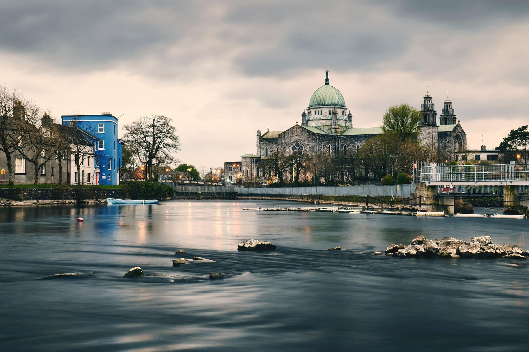 Beautiful cityscape scenery with irish landmark Galway cathedral by the Corrib River in Ireland