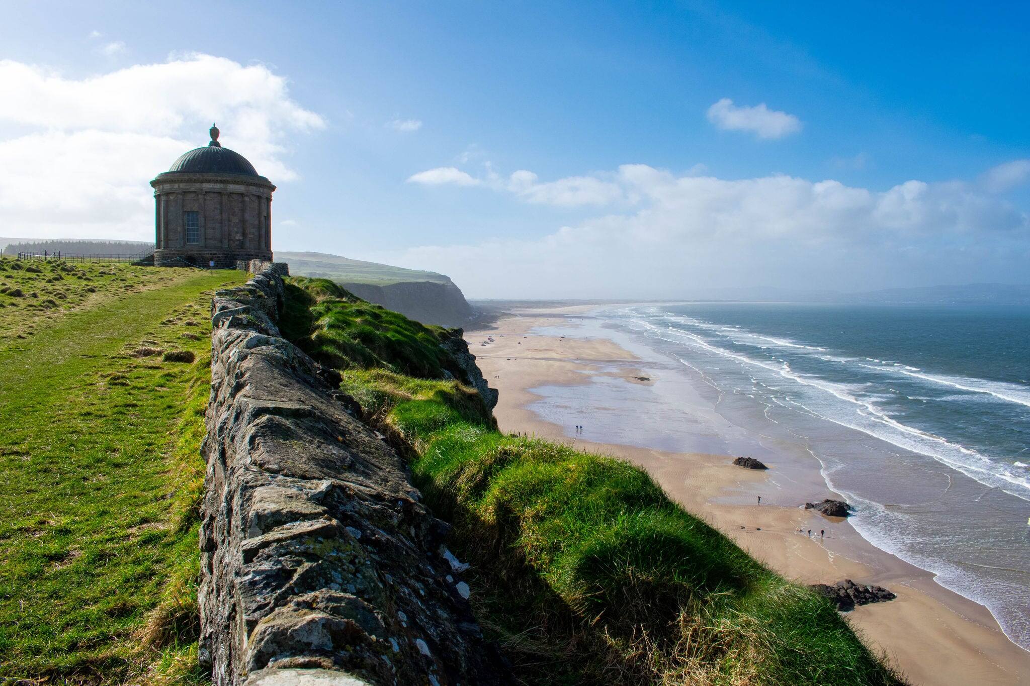 Mussenden Temple and Benone Beach in Castlerock, coast of Atlantic Ocean in Northern Ireland
