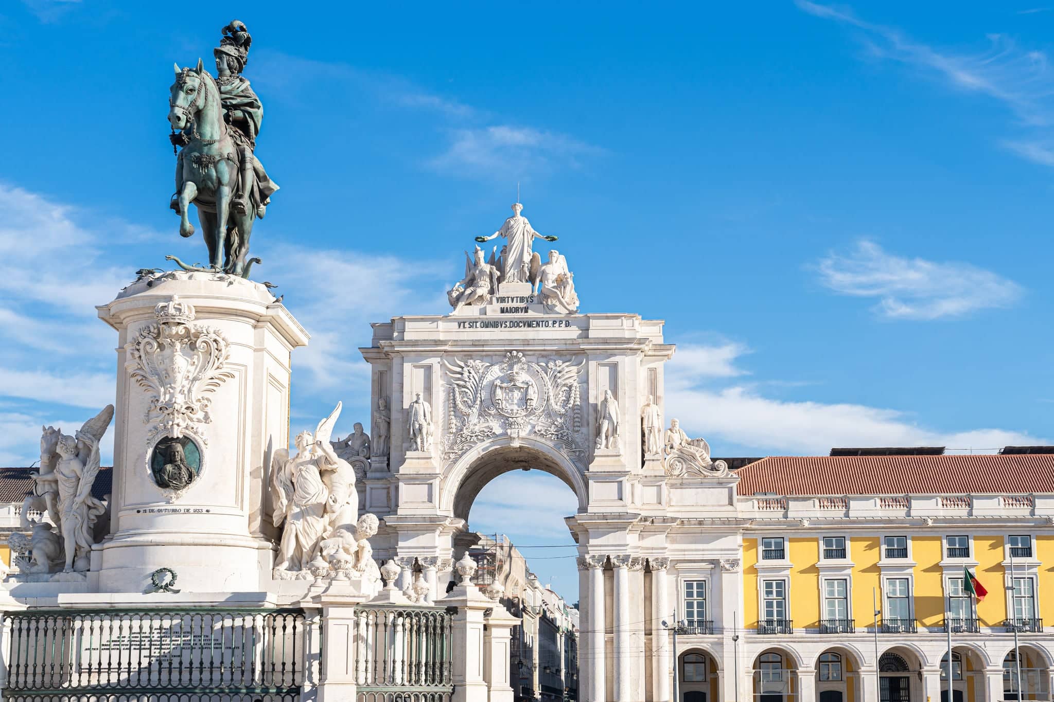 Views of Praça do Comércio and arch of the Rua Augusta in the background in Lisbon. Portugal.