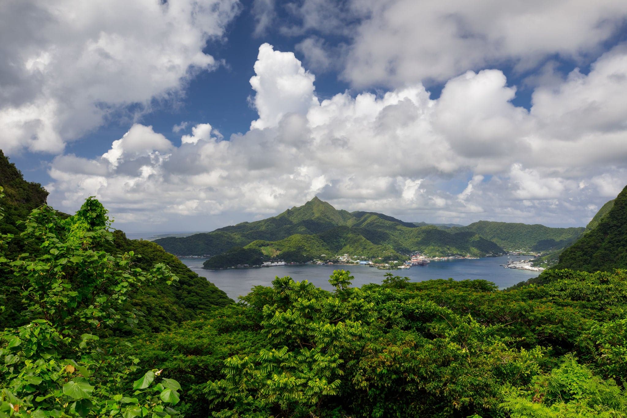 Scenic view of Pago Pago Harbor and Mt. Matafau, Tutuila island, American Samoa