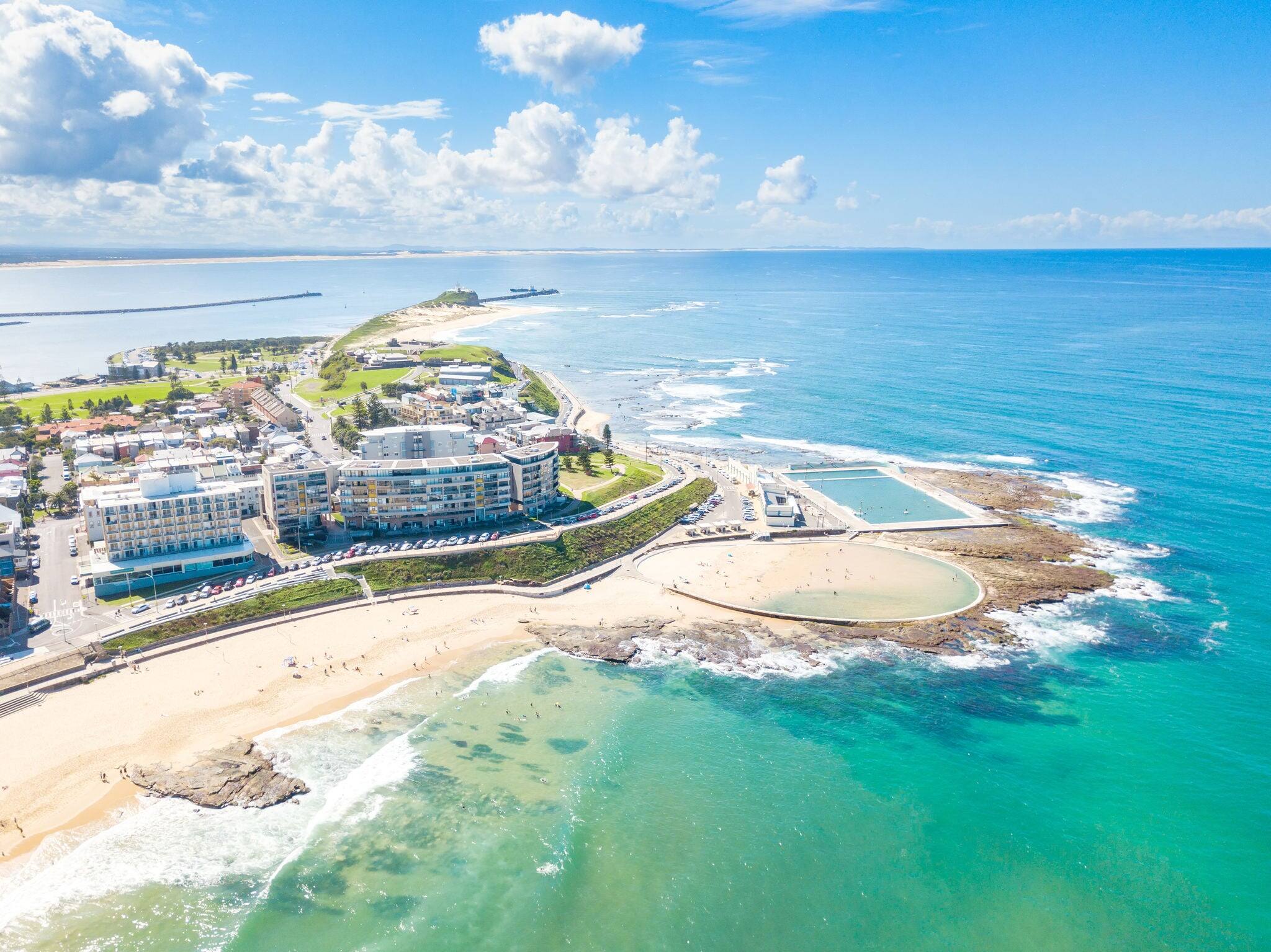 An aerial view of Newcastle beach and the ocean baths in New South Wales, Australia