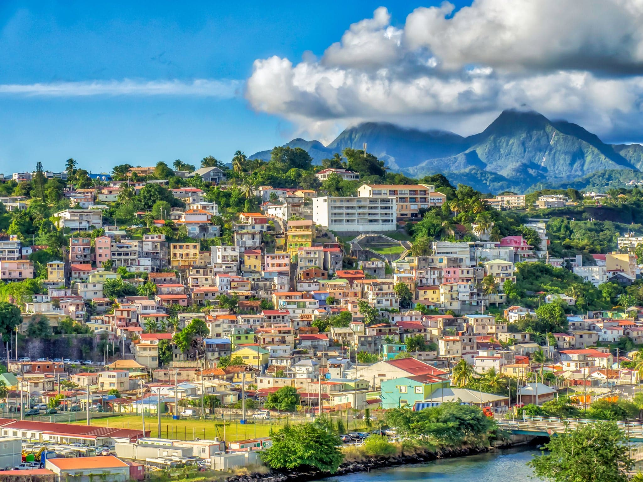 View from the sea of houses on hillsides in Fort-de-France, capital city of  Martinique, an overseas department of France.
