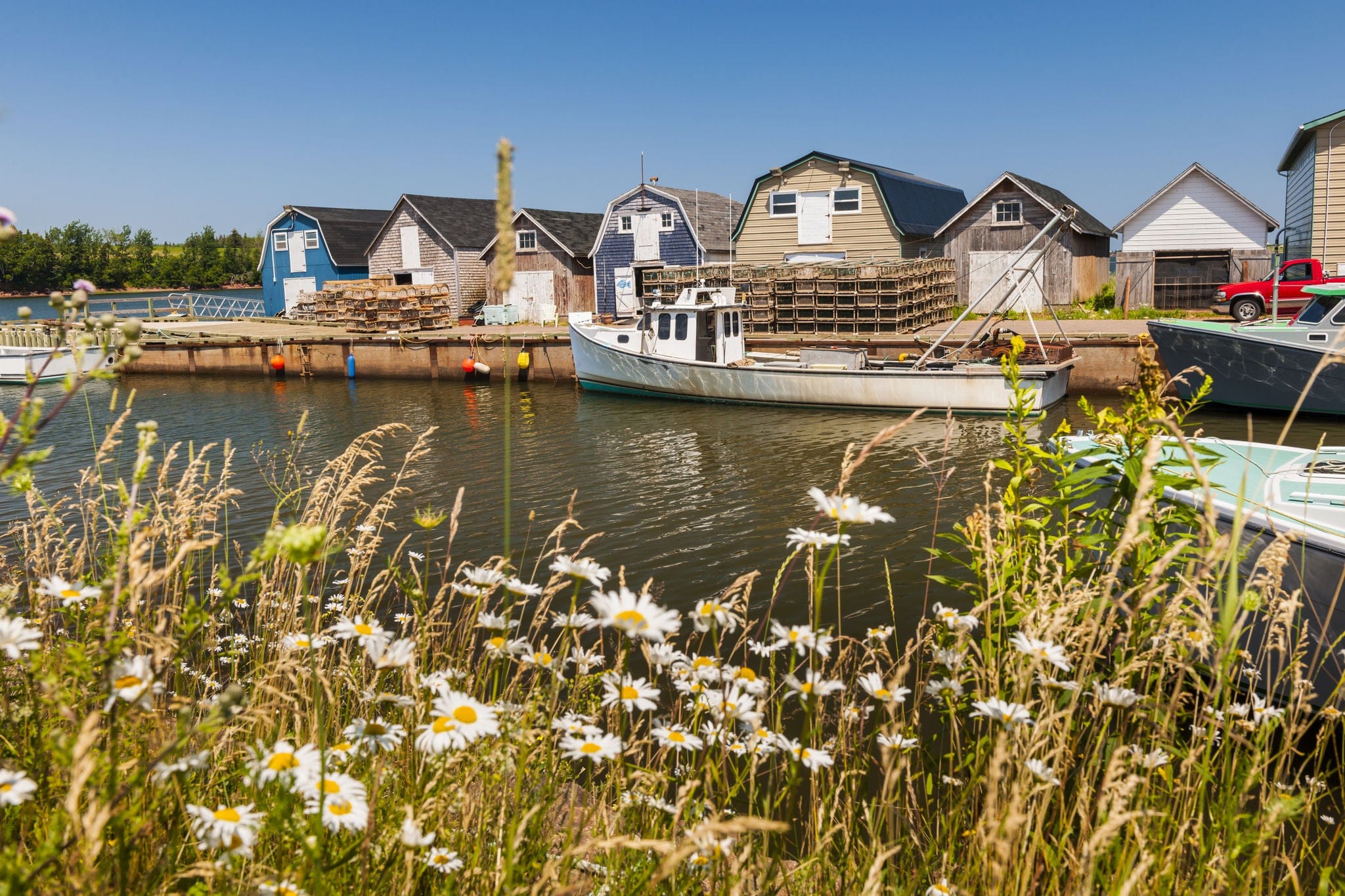 Boats docked at fishing village near Cavendish, Prince Edward Island, Canada.