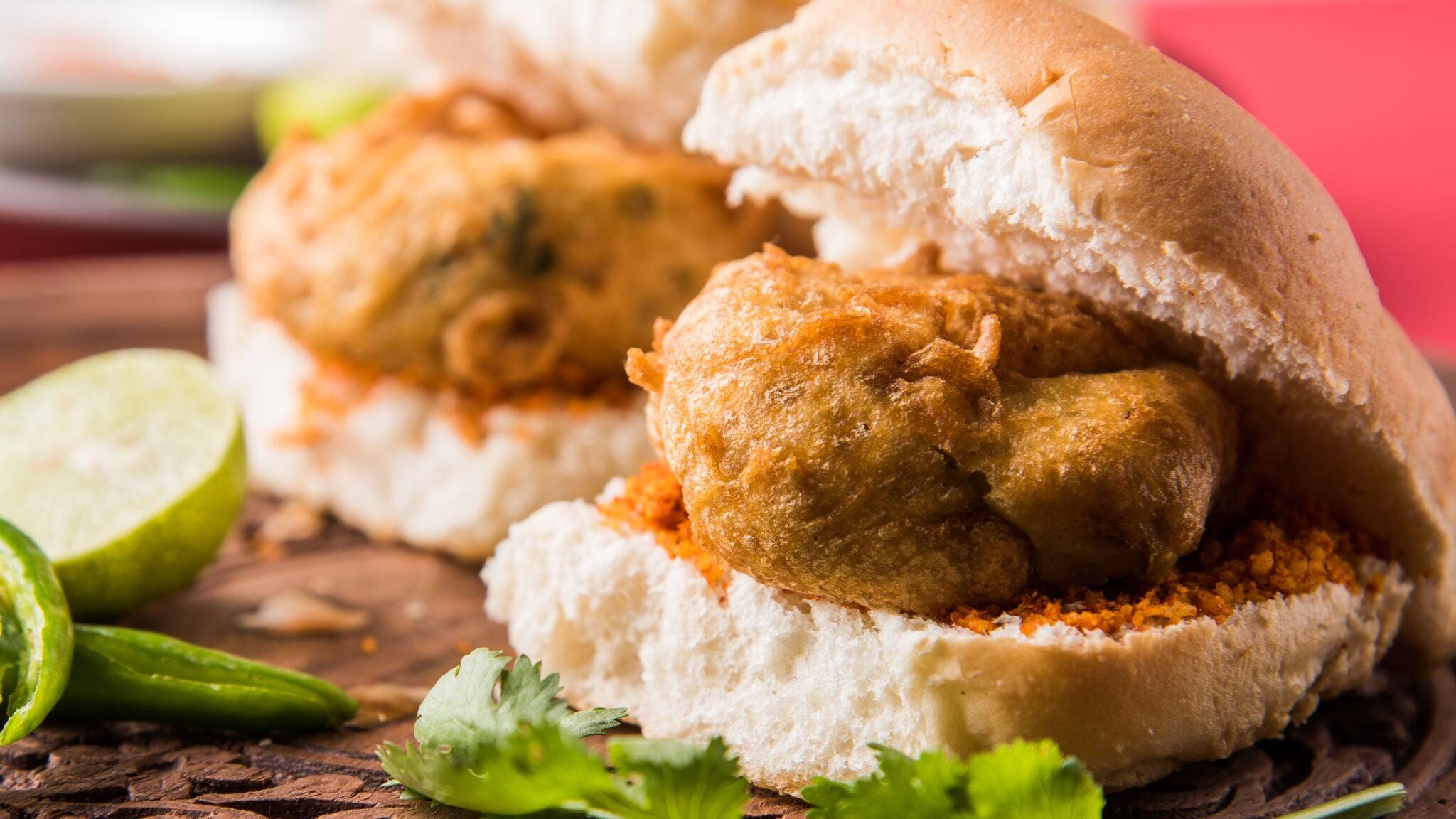 Vada Pav OR Wada Pao is Indian OR Desi Burger, is a roadside fast food dish from Maharashtra. Selective focus