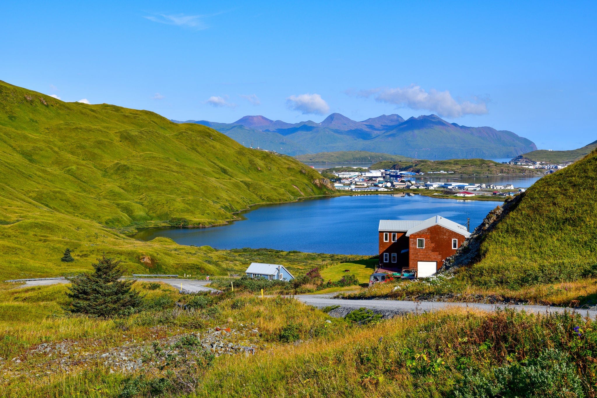 Sunny day view of Unalaska island in Alaska
