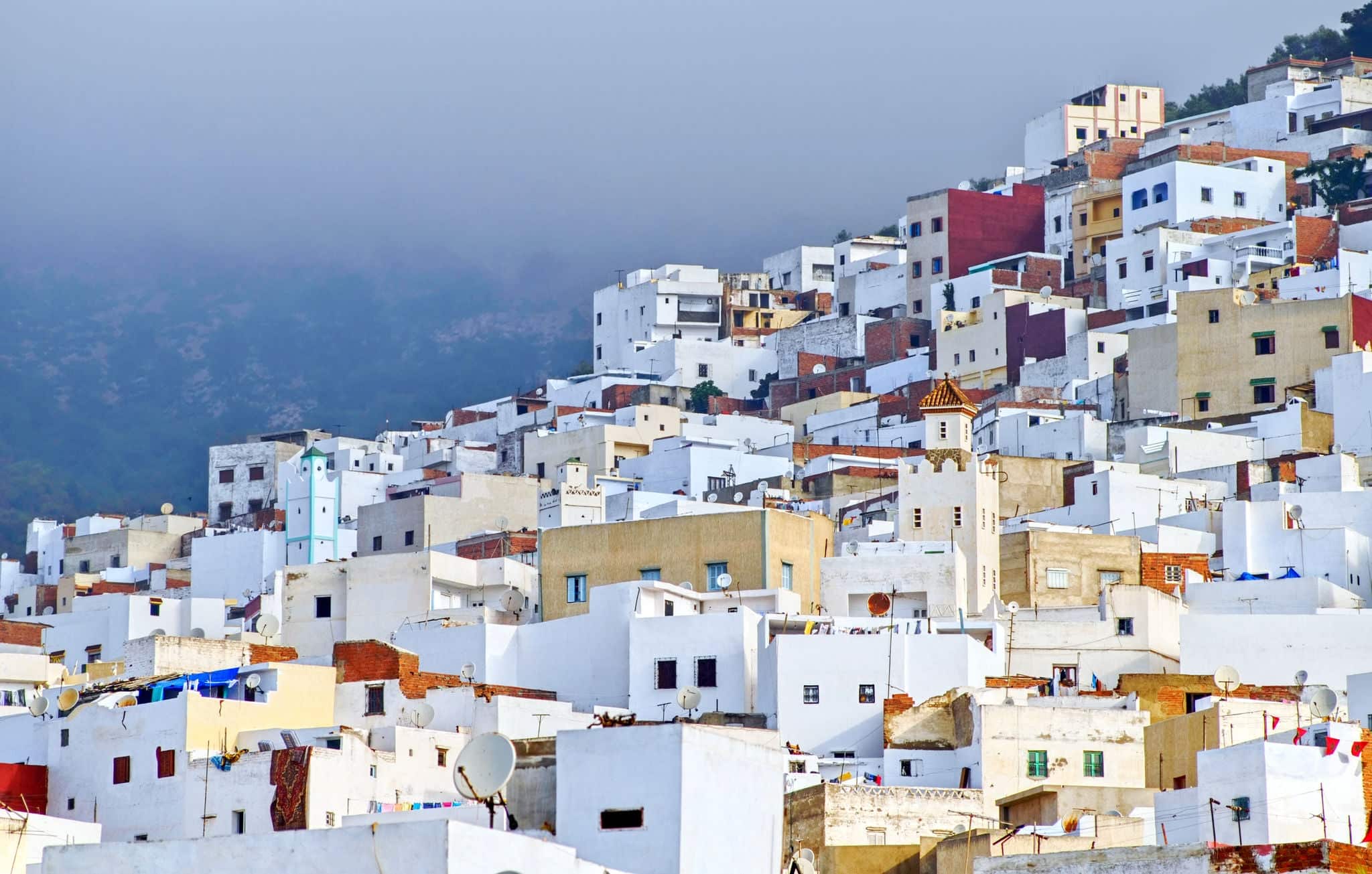 White houses on the mountain slope in royal town Tetouan near Tangier, Morocco