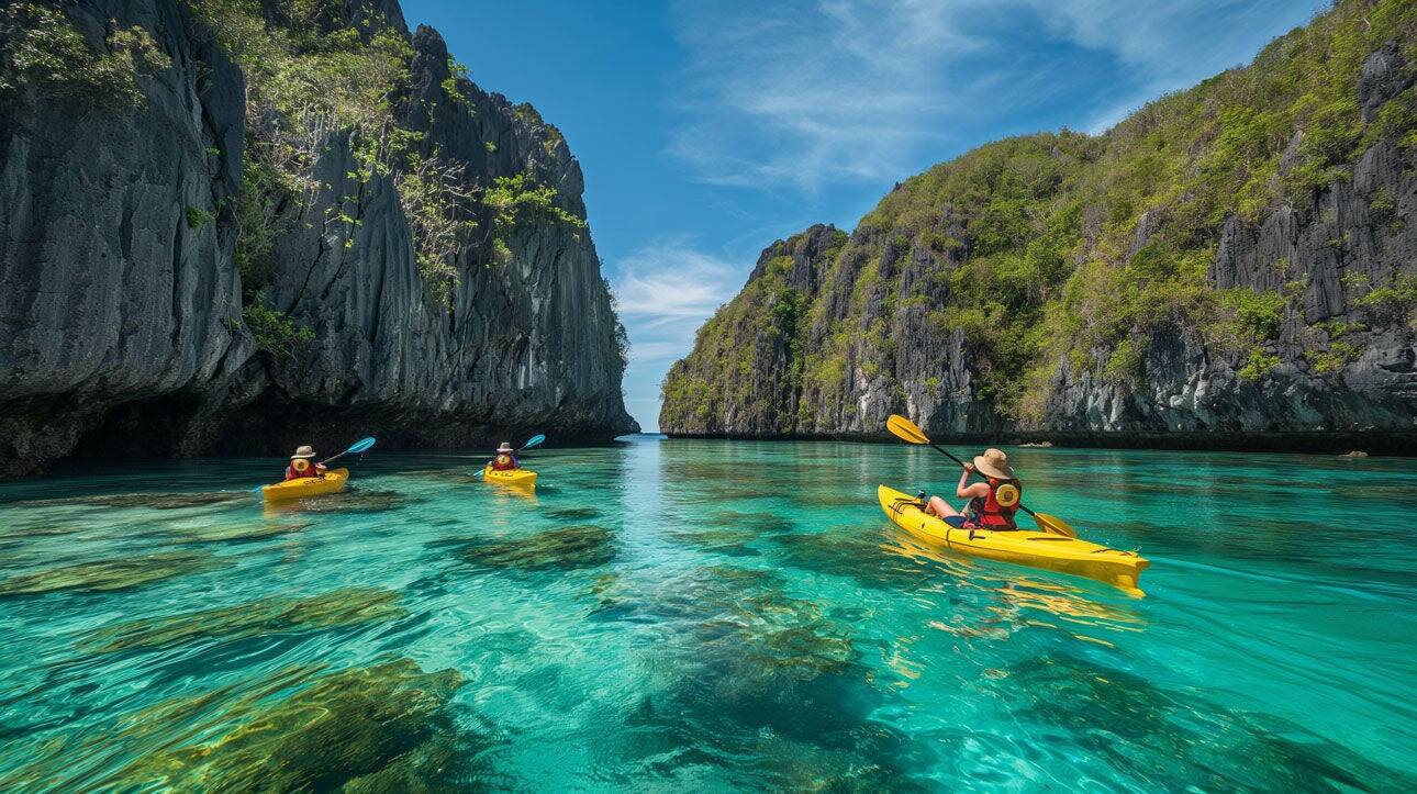 Adventurous Kayaking in Coron, El Nido, Palawan, Philippines Limestone Cliff Lagoon