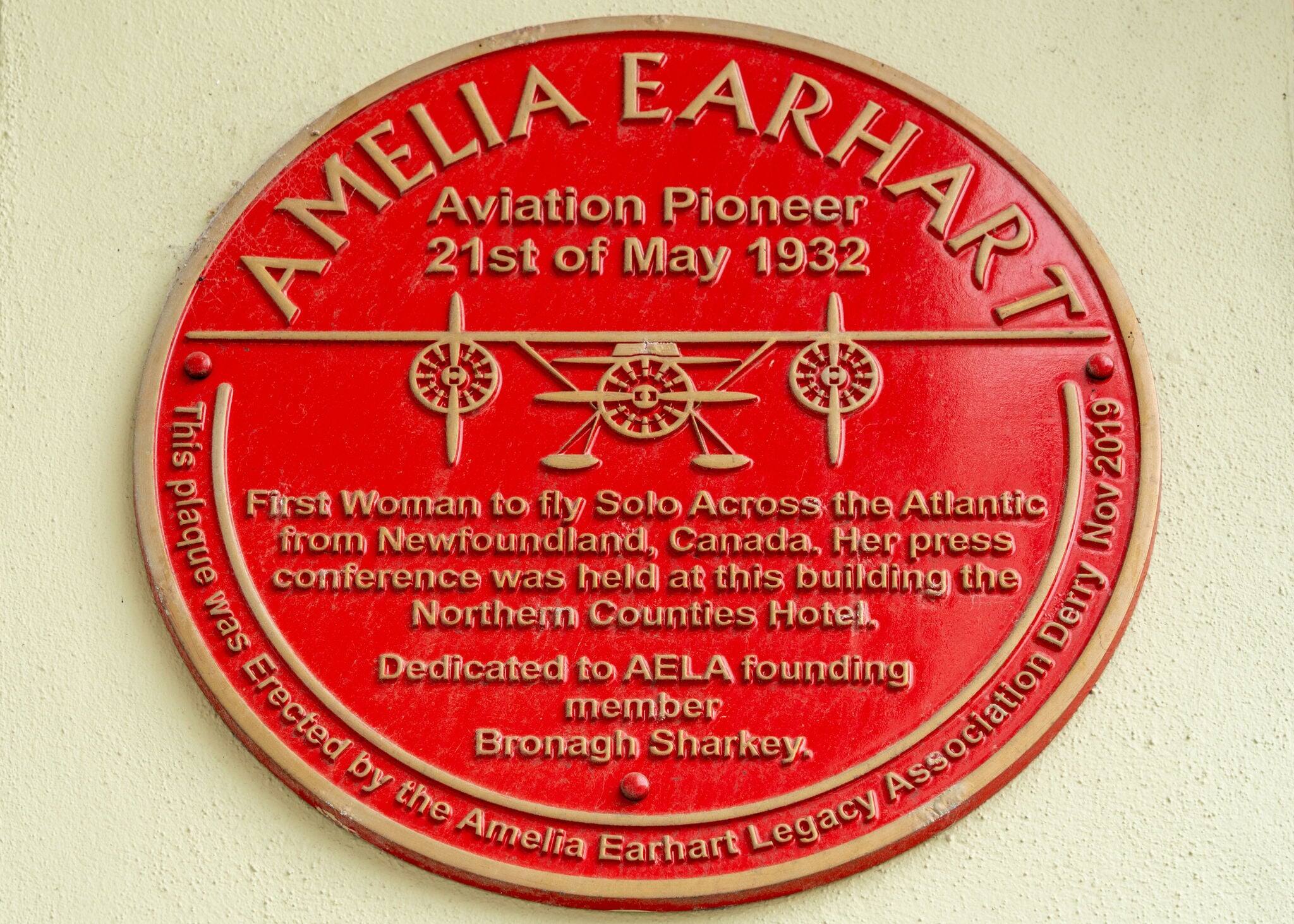 Derry - Londonderry, northern Ireland, August 28th 2023. Red plaque commemorating pilot Amelia Earhart, first woman to fly across the Atlantic.