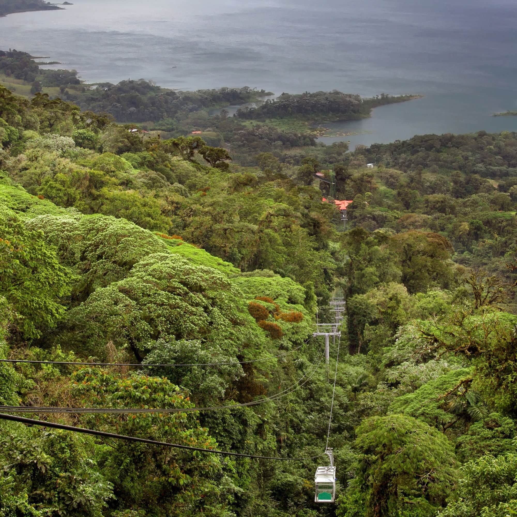 A tram takes visitors through a jungle near Lake Arenal, Costa Rica