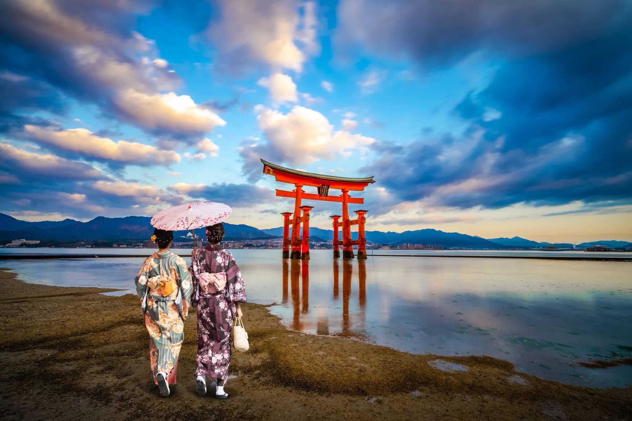 Floating Torii gate of at Miyajima, Hiroshima (gate sign reads Itsukushima Shrine)