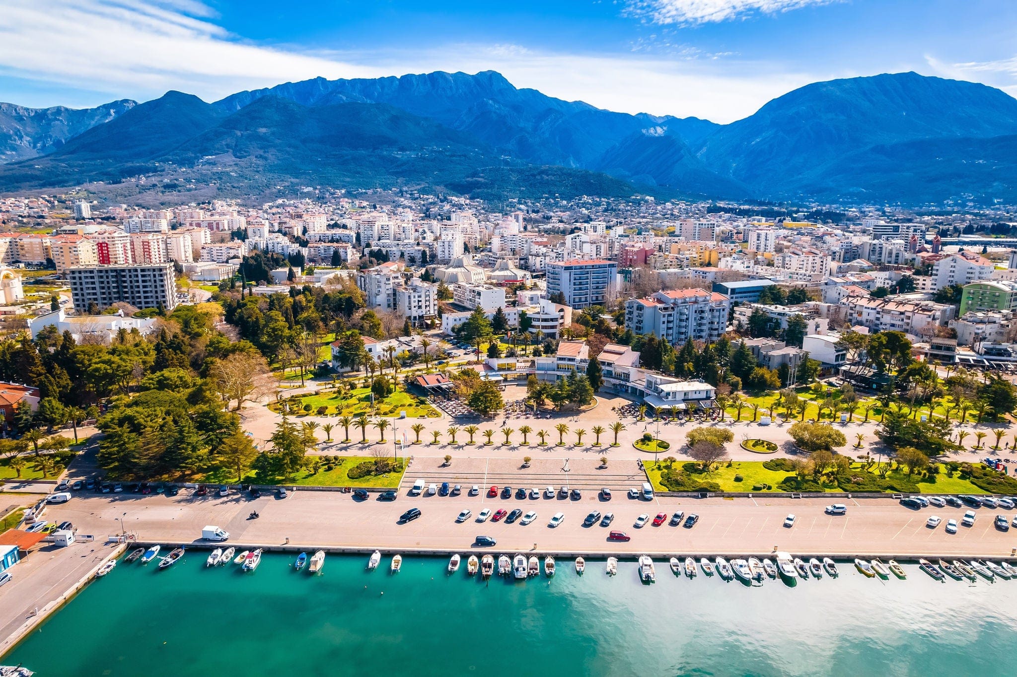 Town of Bar coastline aerial view, archipelago of Montenegro