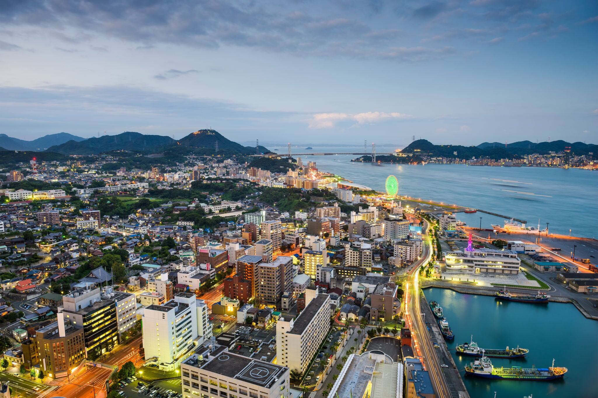 Shimonoseki, Japan skyline over the Kanmon Straits.