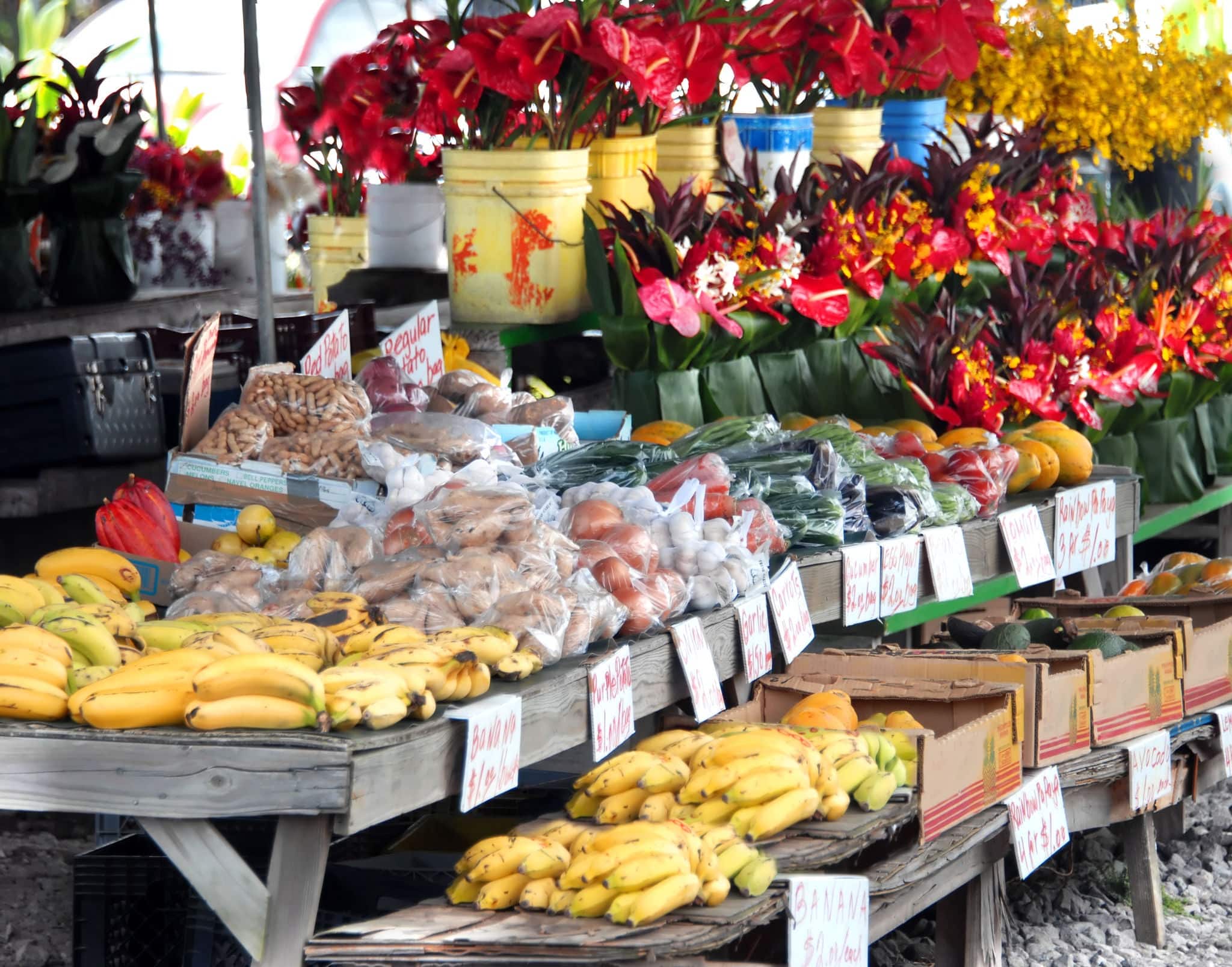Hilo's Farmer's Market is filled with fruits and vegetables and buckets and bouquets of fresh cut tropical flowers.