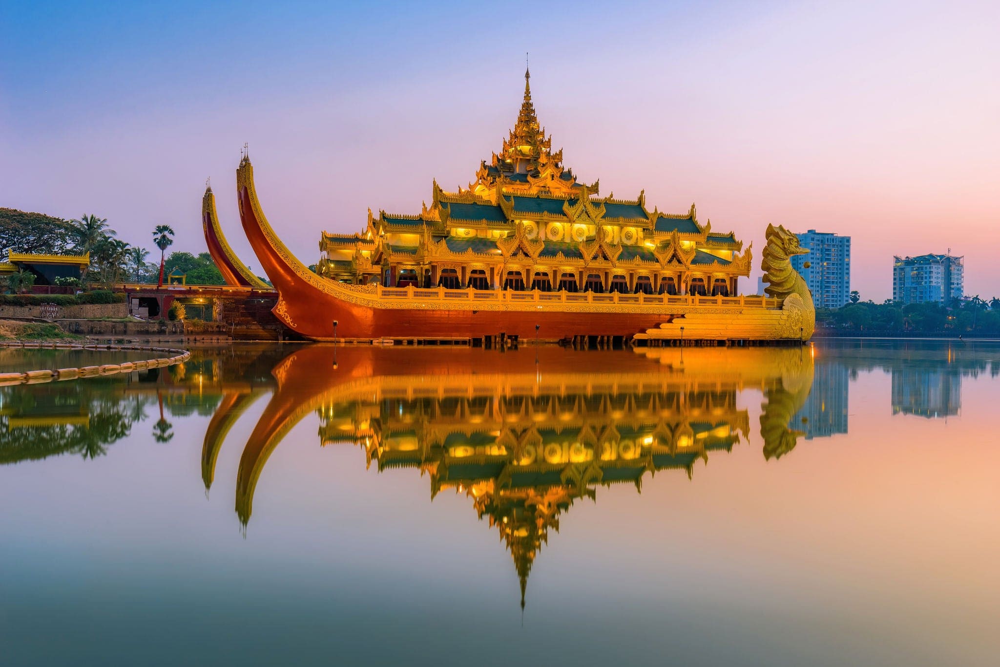 Yangon, Myanmar at Karaweik Palace in Kandawgyi Royal Lake.