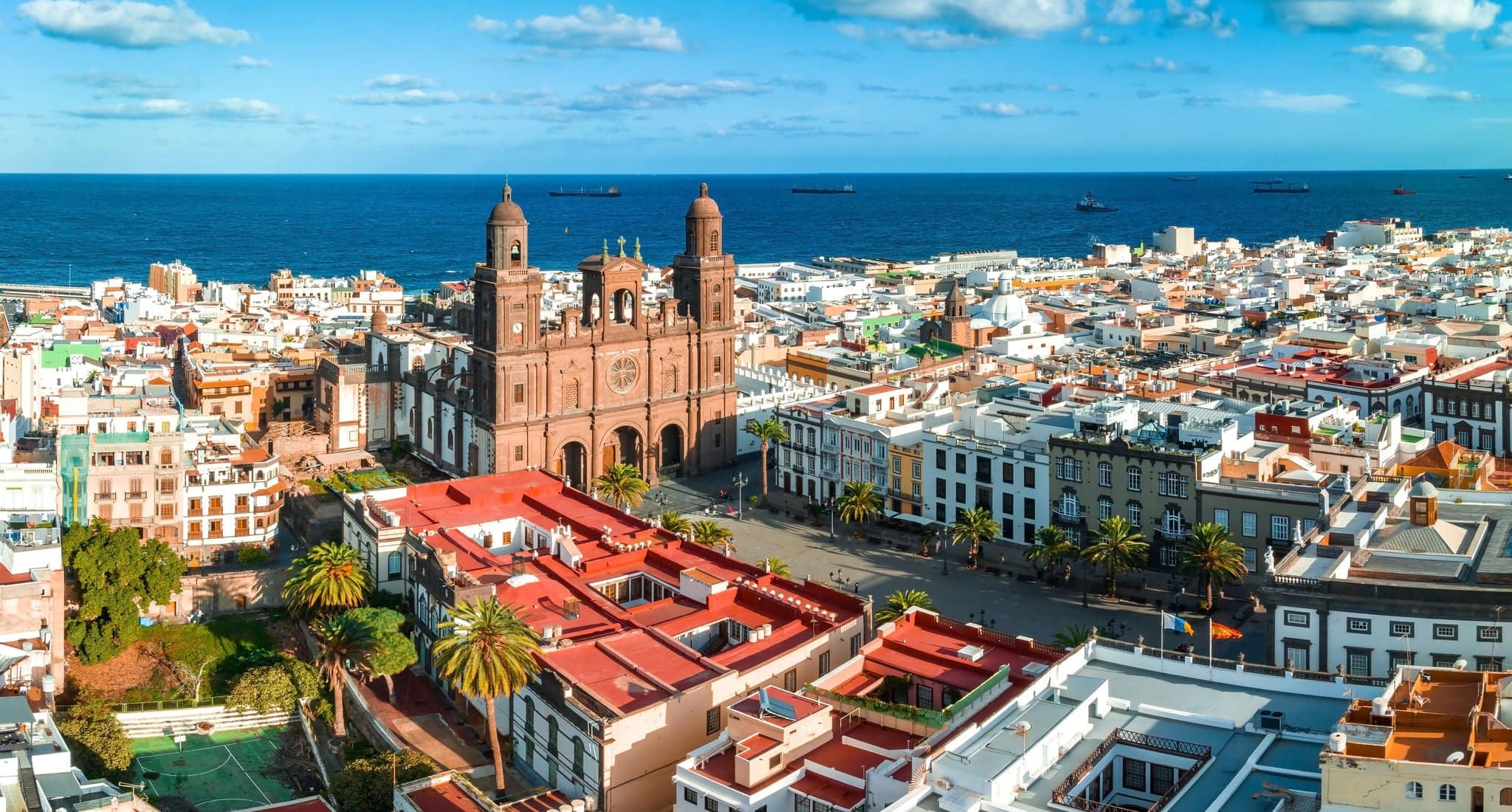 Landscape with Cathedral Santa Ana Vegueta in Las Palmas, Gran Canaria, Canary Islands, Spain. Aerial sunset view of the Las Palmas city.