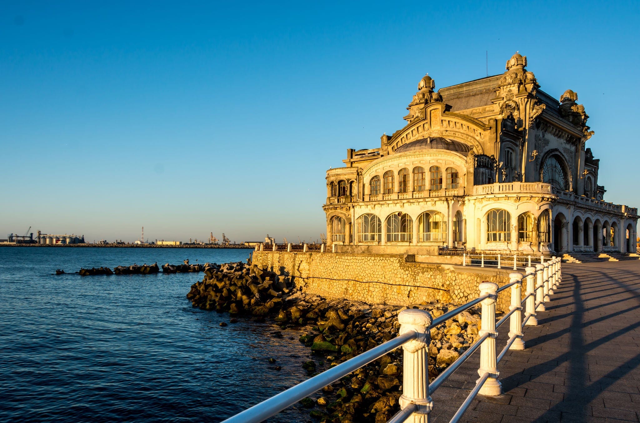 View of the historic building of the Constanta Casino, the most representative symbol of the city on the coast of the Black Sea, Romania.
