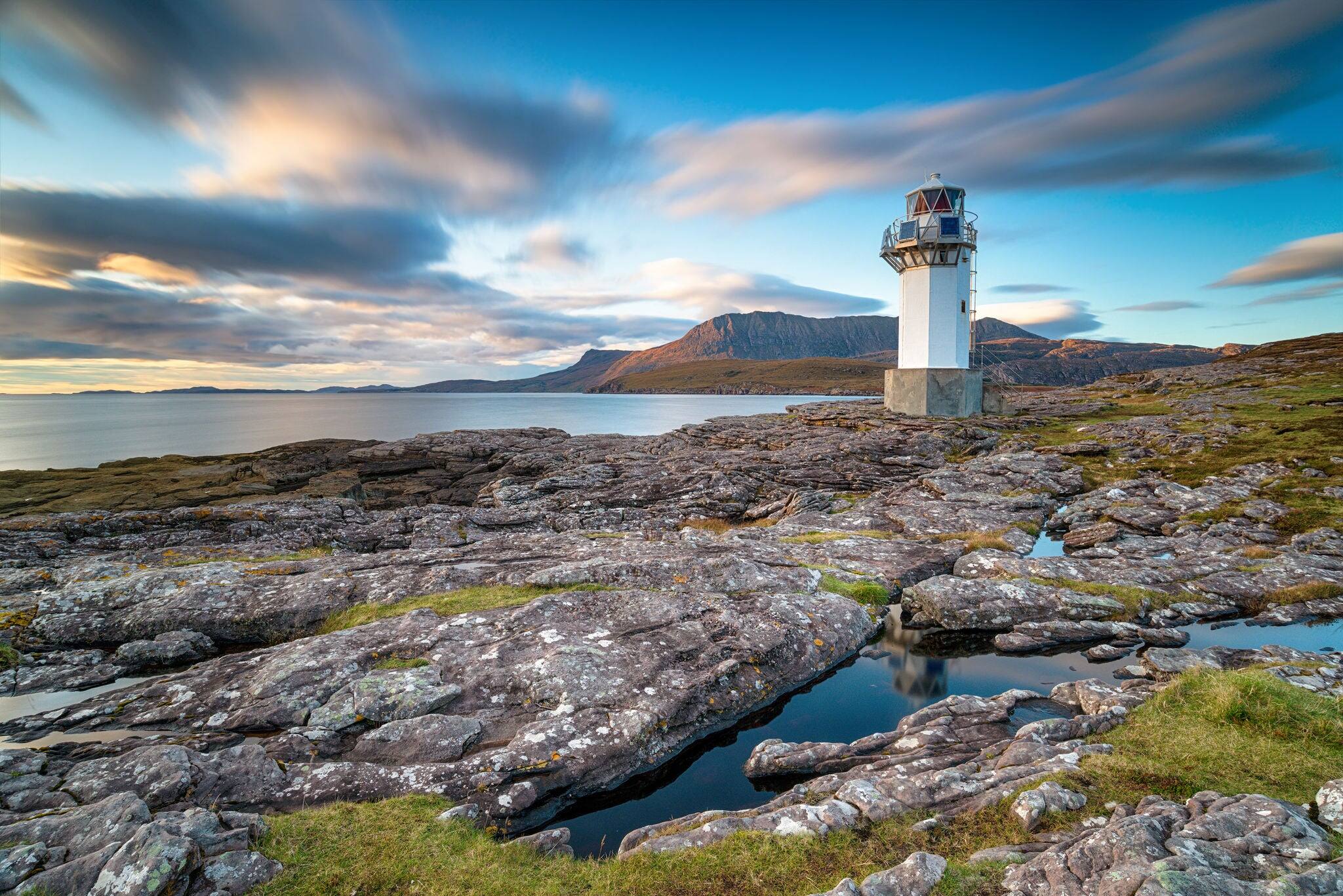 A long exposure of Rhue lighthouse just ouside Ullapool and a landmark on the North Coast 500 tourist route