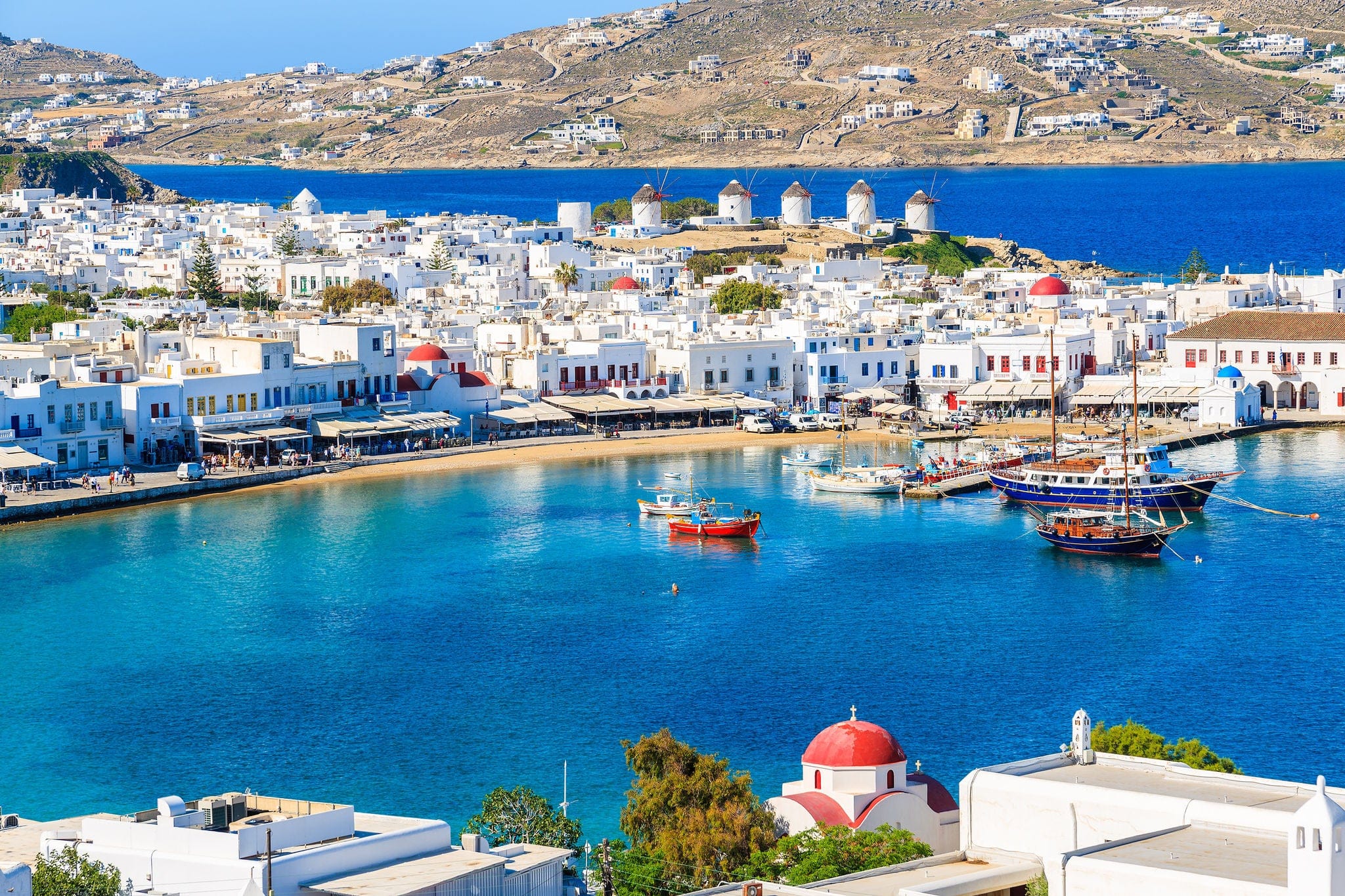 A view of Mykonos port with boats, Cyclades islands, Greece