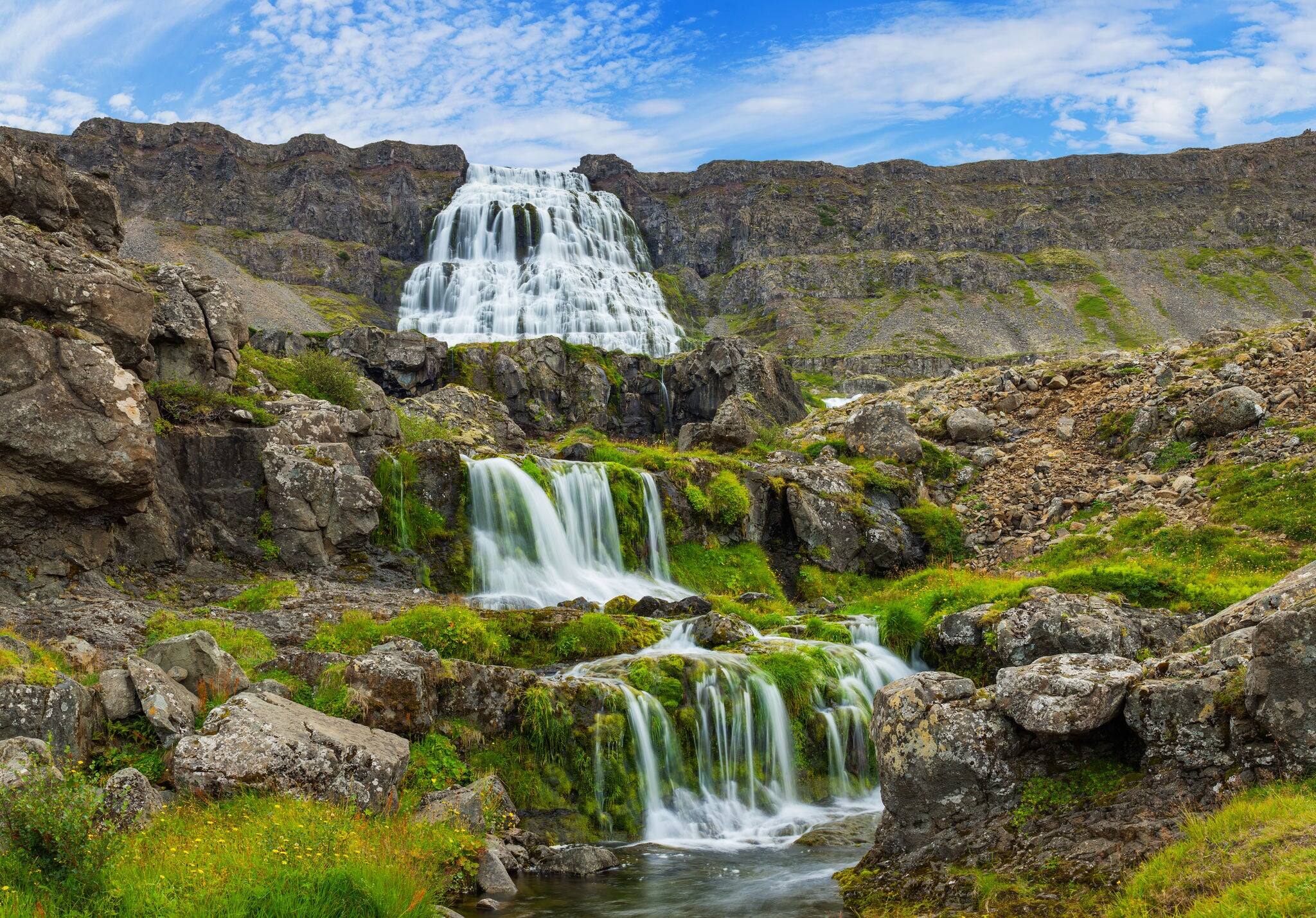 Dynjandi is the most famous and beautiful waterfall of the West Fjords in Iceland. Panorama