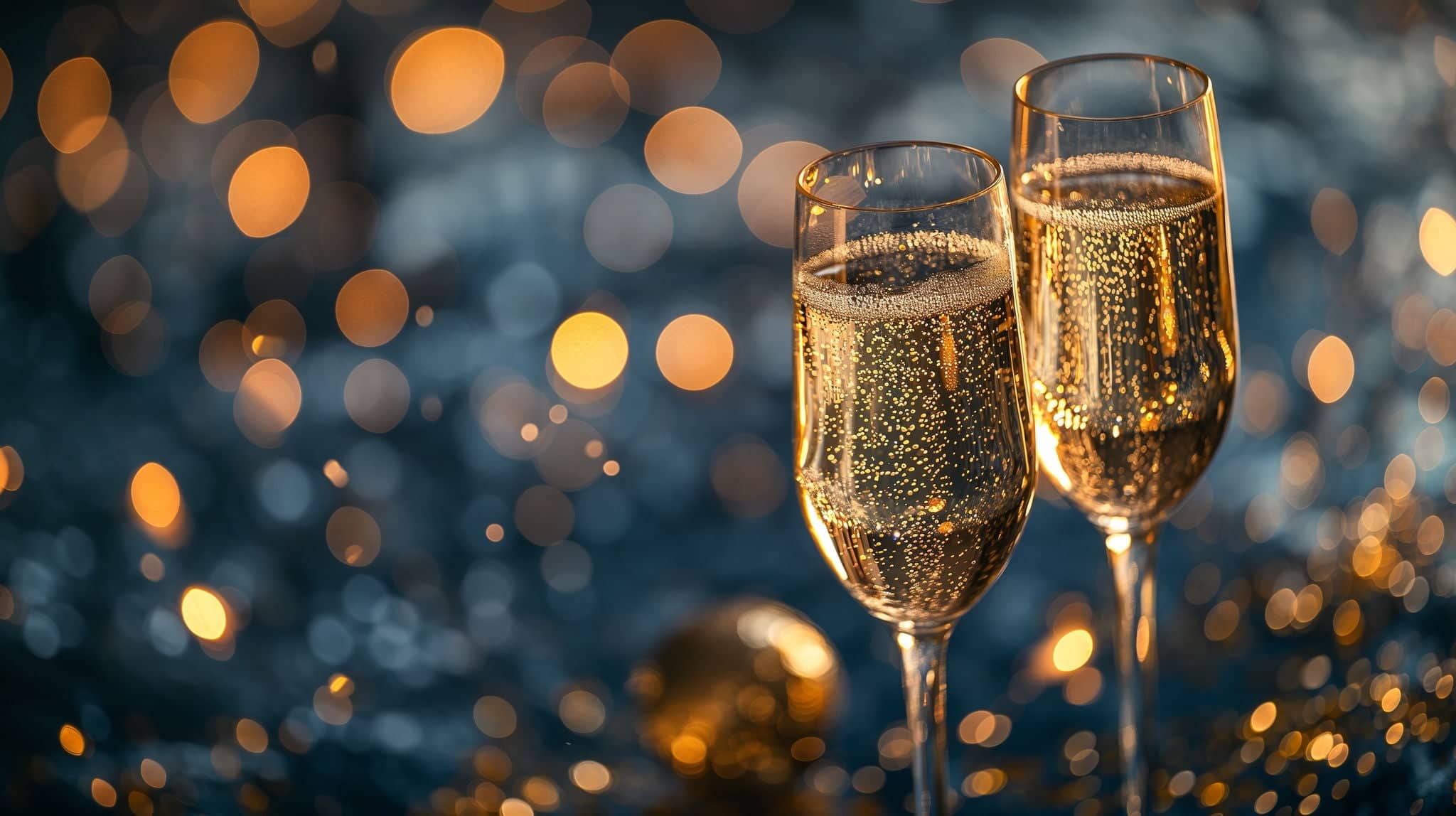 Two glasses of champagne on a festive bokeh background. Merry Christmas and happy new year.