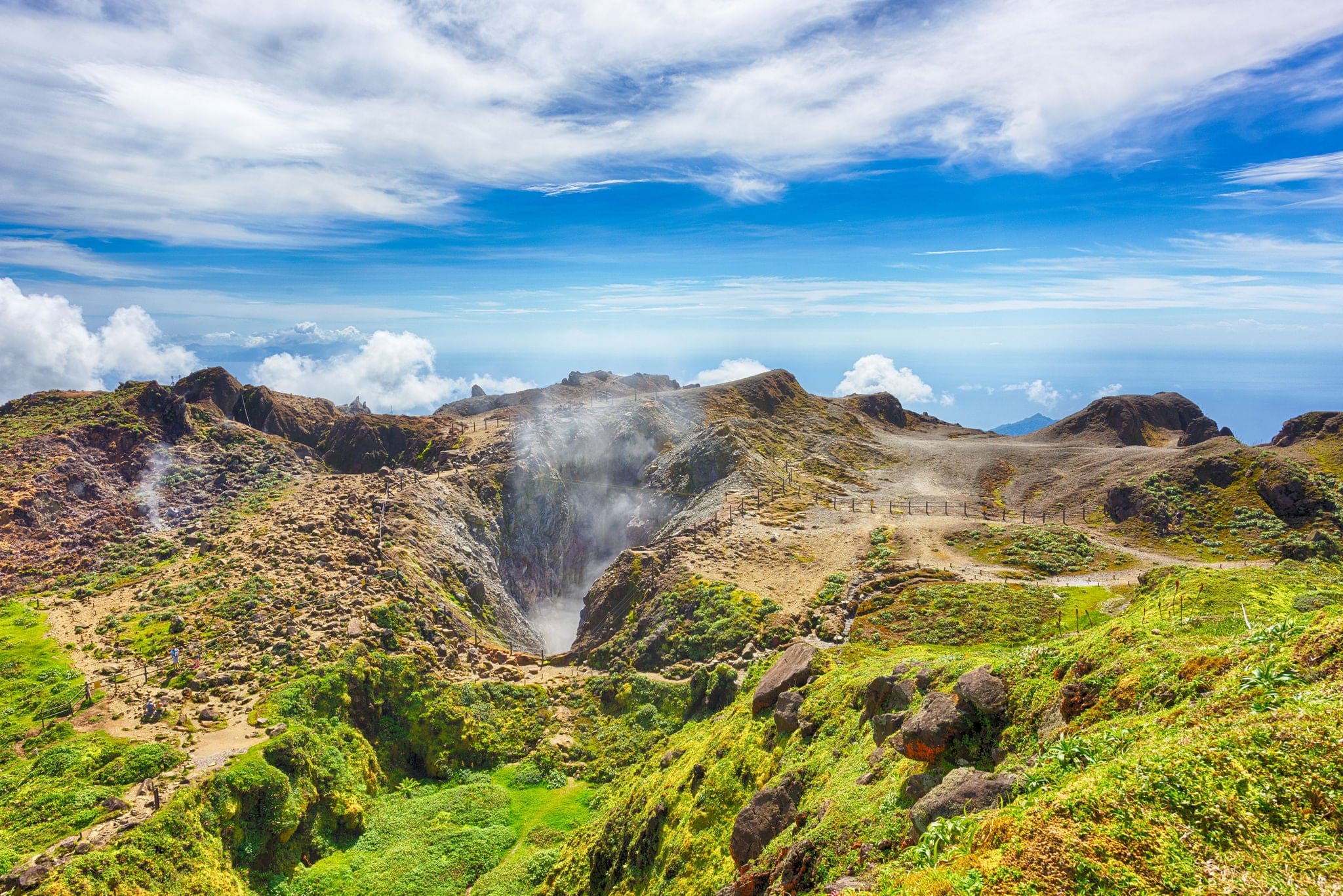 Steam rising from the crater La Soufriere volcano the highest mountain in Guadeloupe, French department in Caribbean