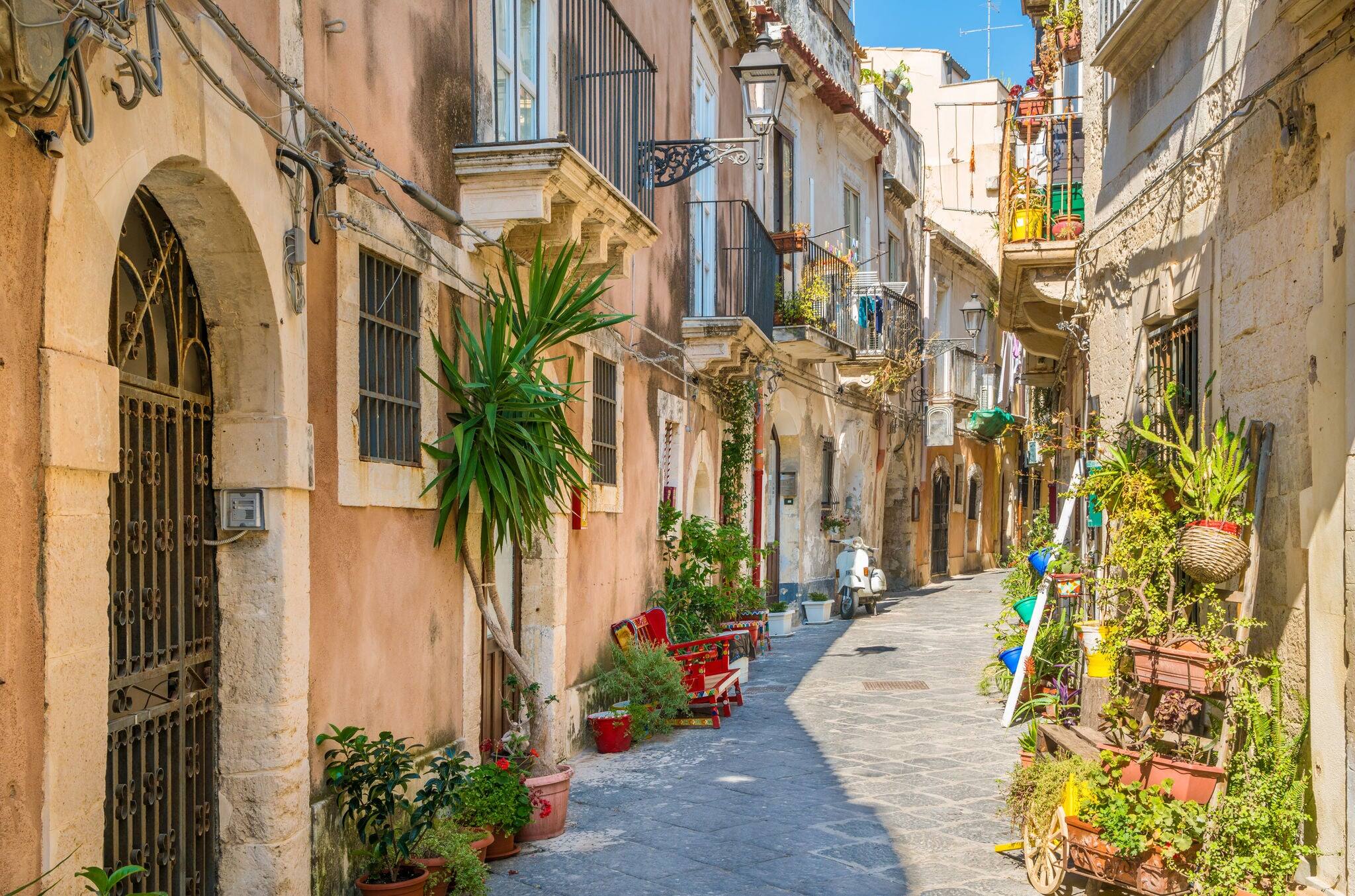 Picturesque street in Ortigia, Siracusa old town, Sicily, southern Italy.