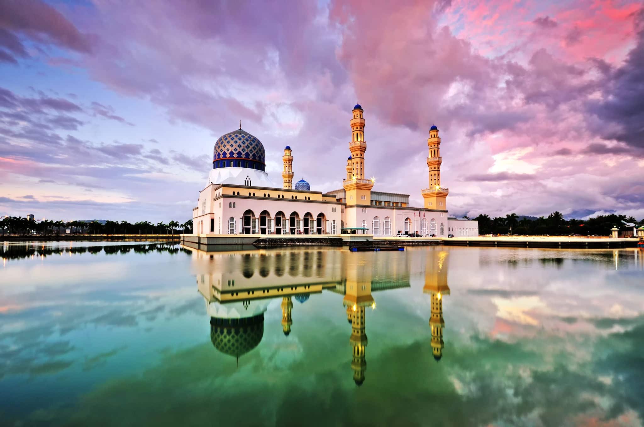 Colorful sunset colors at Kota Kinabalu mosque, famous landmark in Kota Kinabalu, Sabah Borneo, Malaysia.