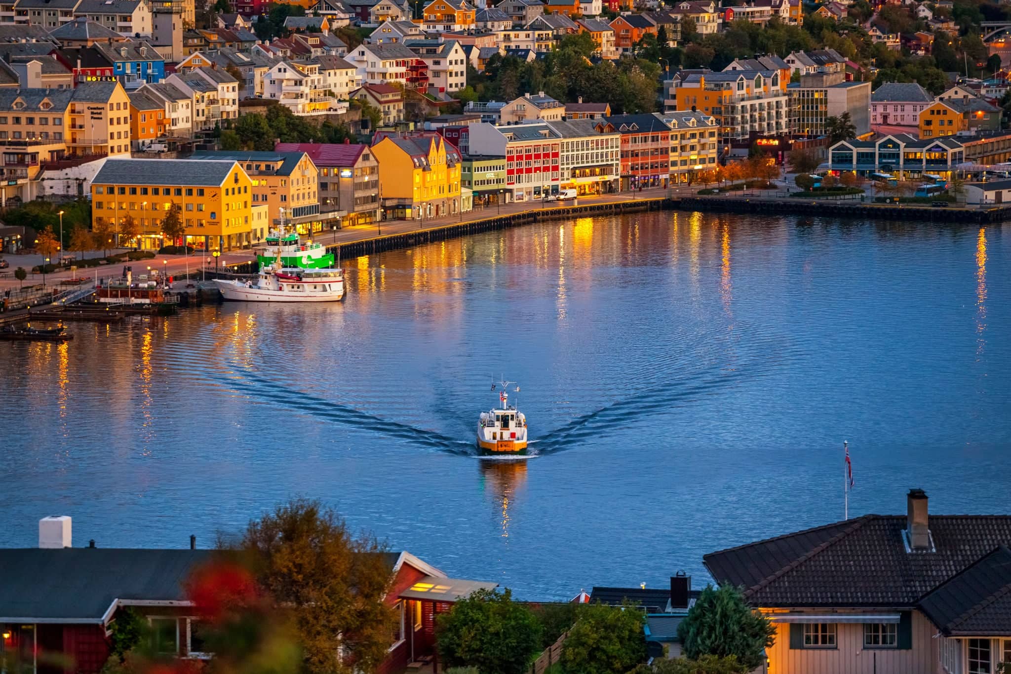 areal picture of kristiansund, a town at teh northwest coast of Norway.