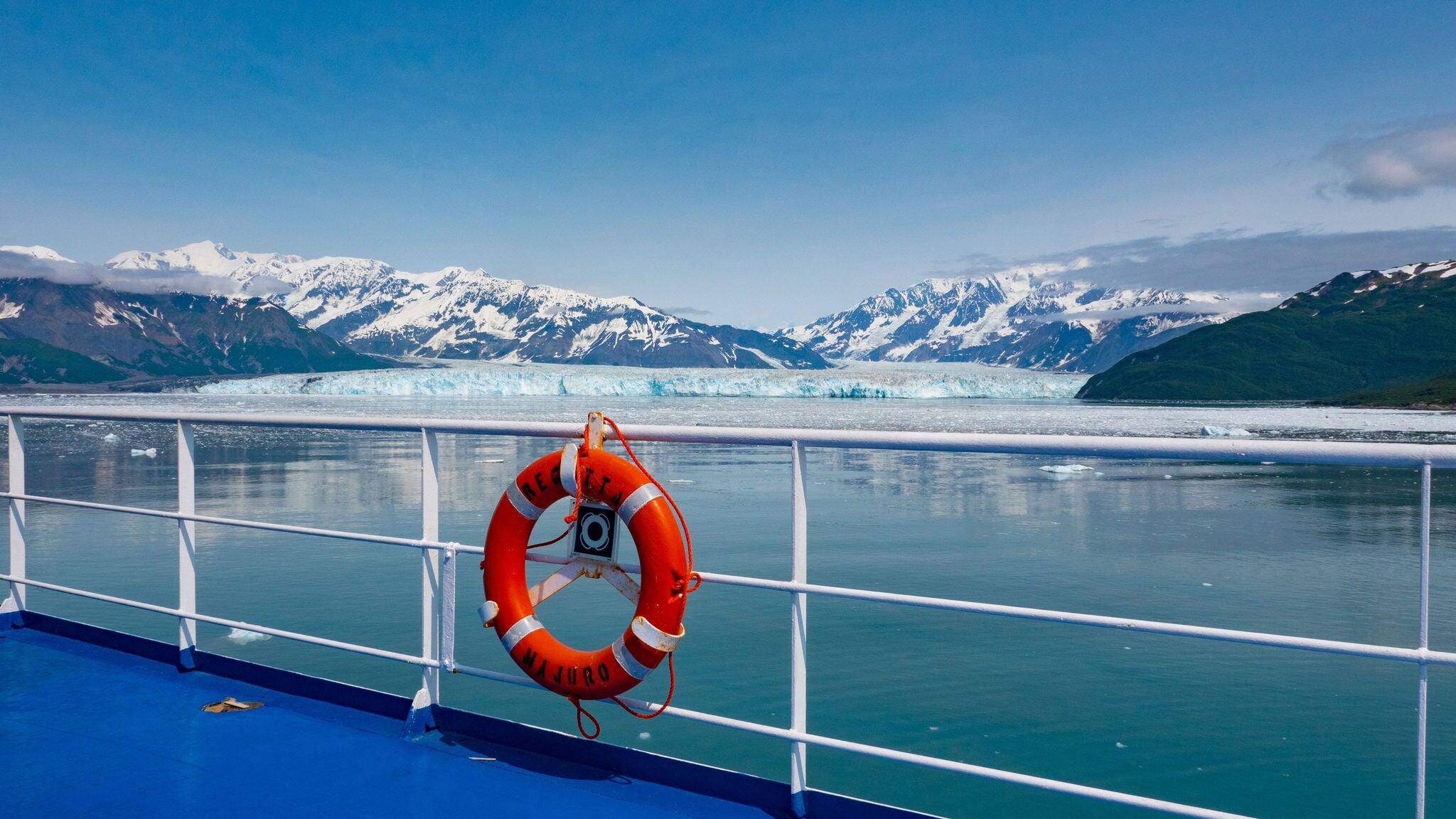 Lifebuoy buoy on cruise ship aboard in Hubbard Glacier bay. Ring buoy lifebuoy